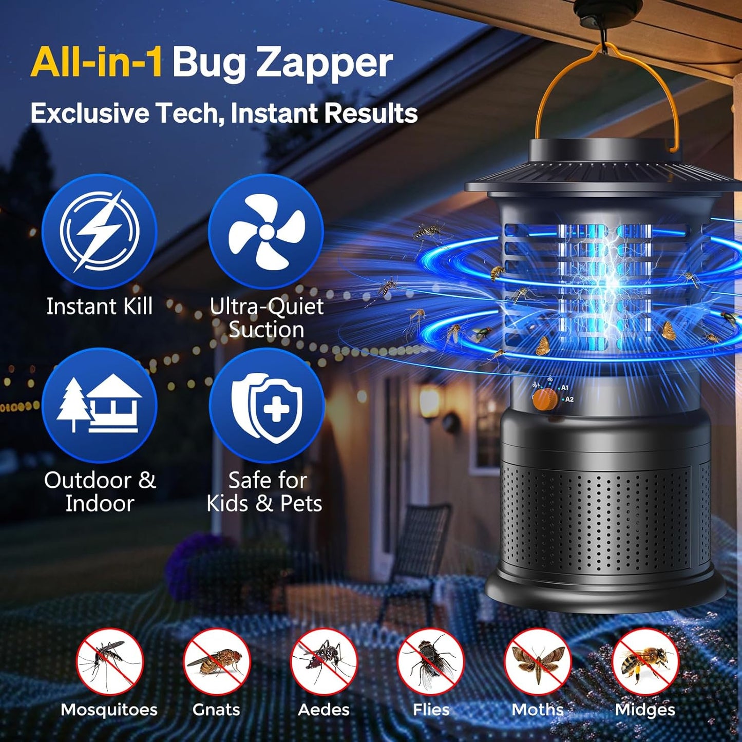 2-in-1 Bug Zapper Outdoor with Fan Suction, Effective Mosquito Trap & Insect Zapper, 10000mAh Rechargeable Fly Zappers for Indoor & Outdoor, IPX5 Waterproof
