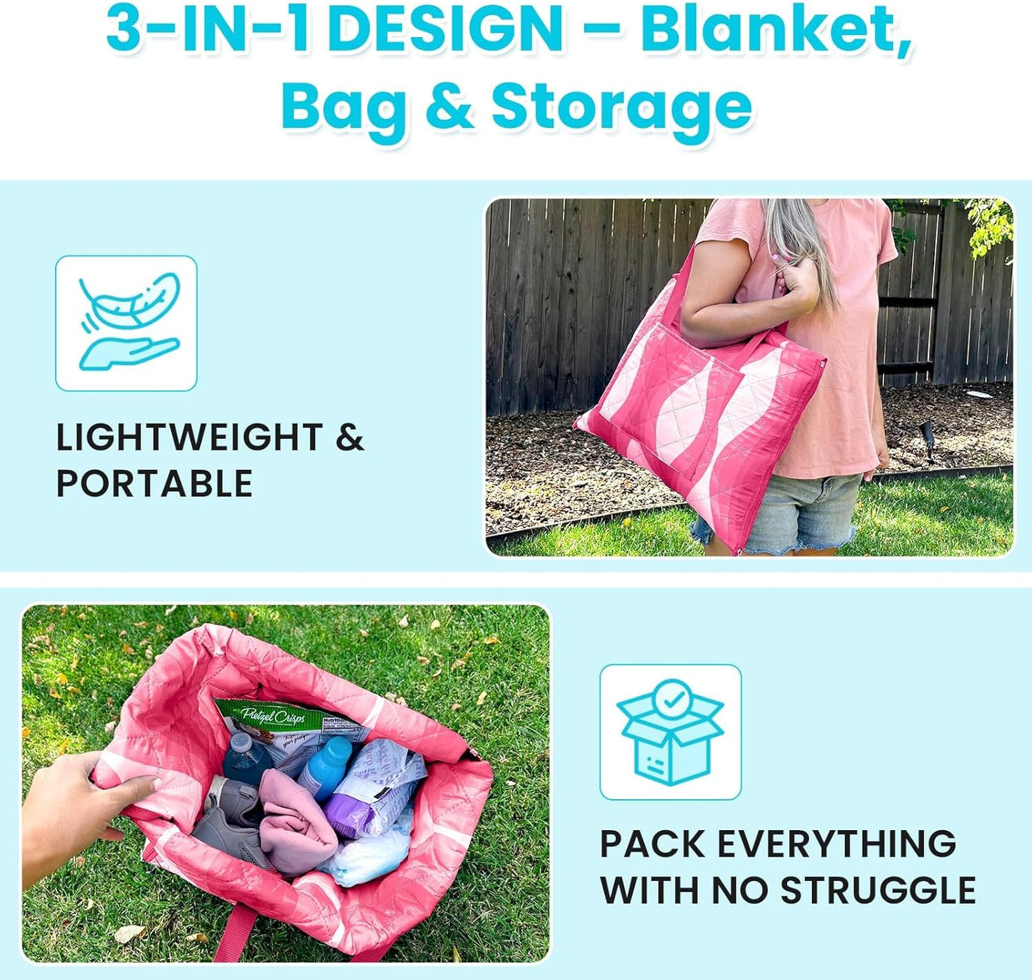 #WEJOY 3 in 1 Outdoor Picnic Blanket, Padded 5 Layers Beach Blanket, 80x60'', 4 Person, Easy to Fold, Waterproof for Lawn,Camping, Park (Pink)