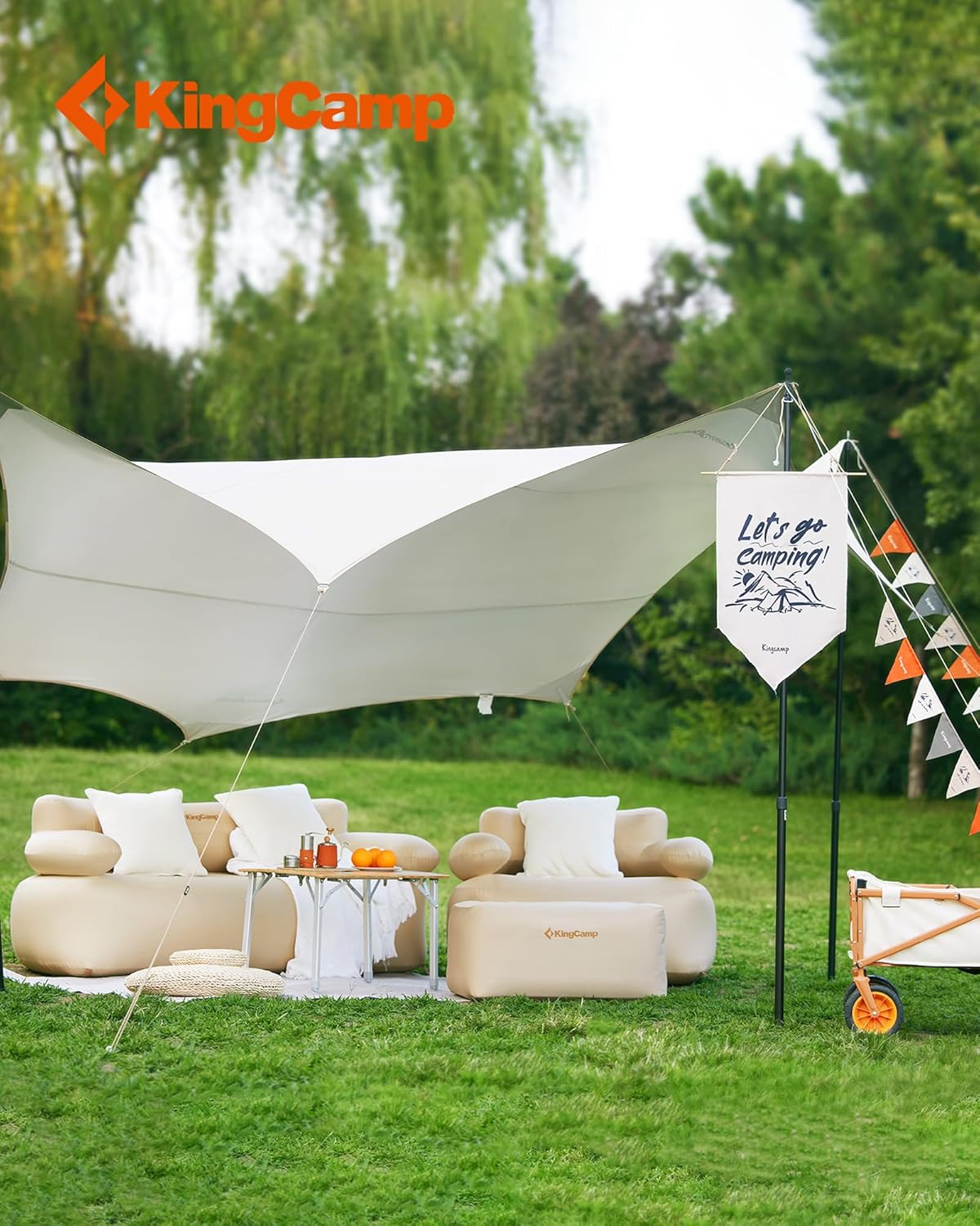 KingCamp Double Inflatable Couch with Electric Air Pump, 2-Person Camping Sofa with Eco PVC Liner, Footrest, Pegs, Repair Kit & Quick-Fill Pump for Outdoor, Tent, Travel