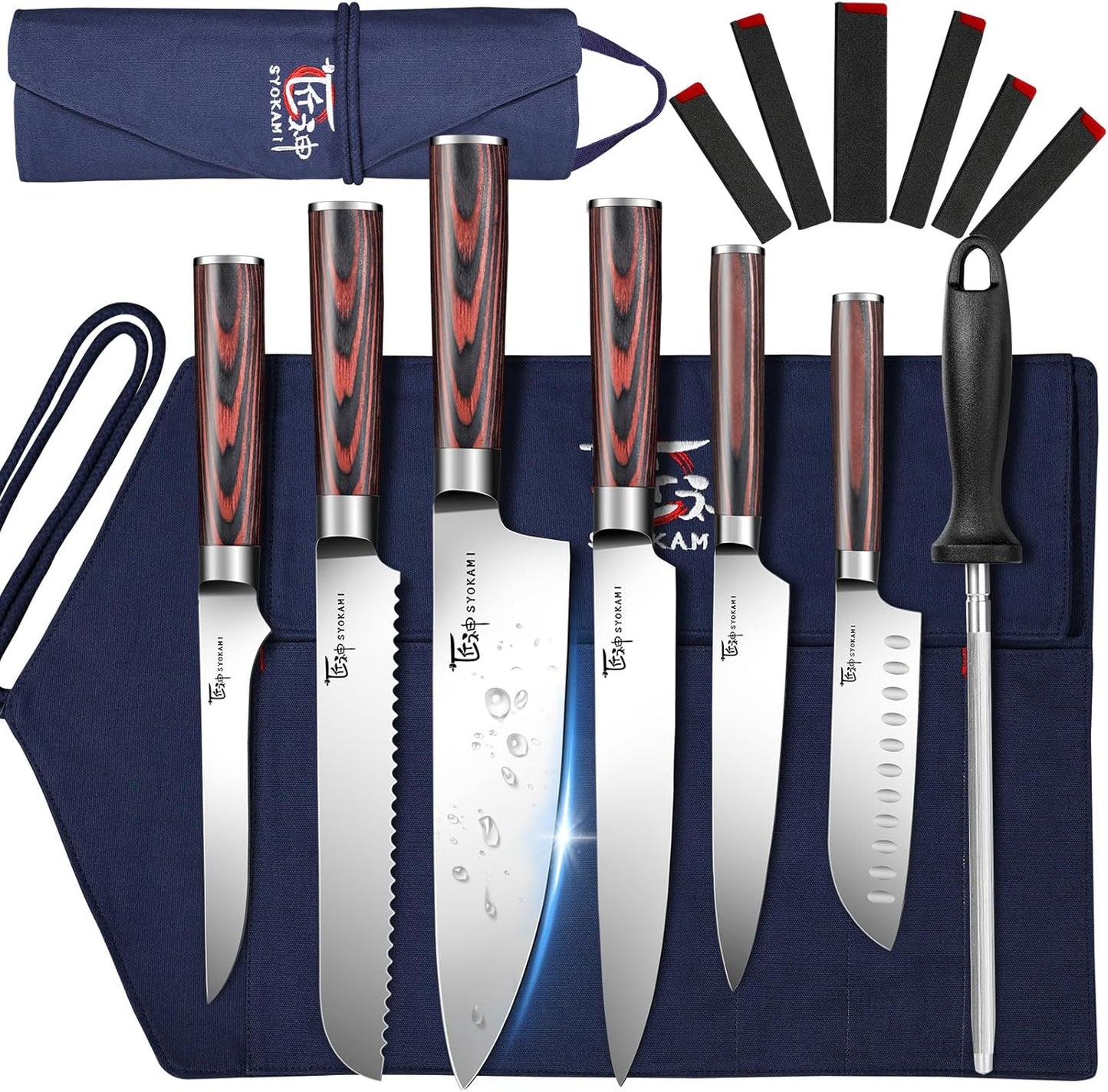 14pcs Chef Knife Set with Roll Bag, Professional Stainless Steel Japanese Knife Set with Pakkawood Handle for Professional Chef, Camping, Travel, BBQ, RV or Gift Blue