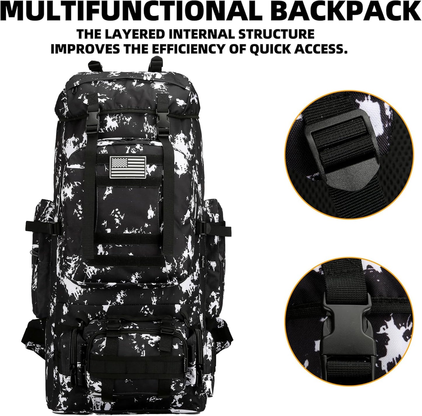 King'sGuard 100L Camping Hiking Backpack Molle Rucksack Military Camping Backpacking Daypack (Black Lighting)