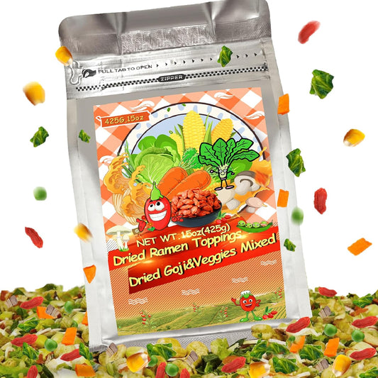 15Oz Freeze Dried Ramen Toppings Goji Vegetable Mix- 9 All Natural Dehydrated Veggies with Goji Berries, Non Additive, Dry Vegetable Mixed for Noodles, Soups, Camping, and Emergency Food