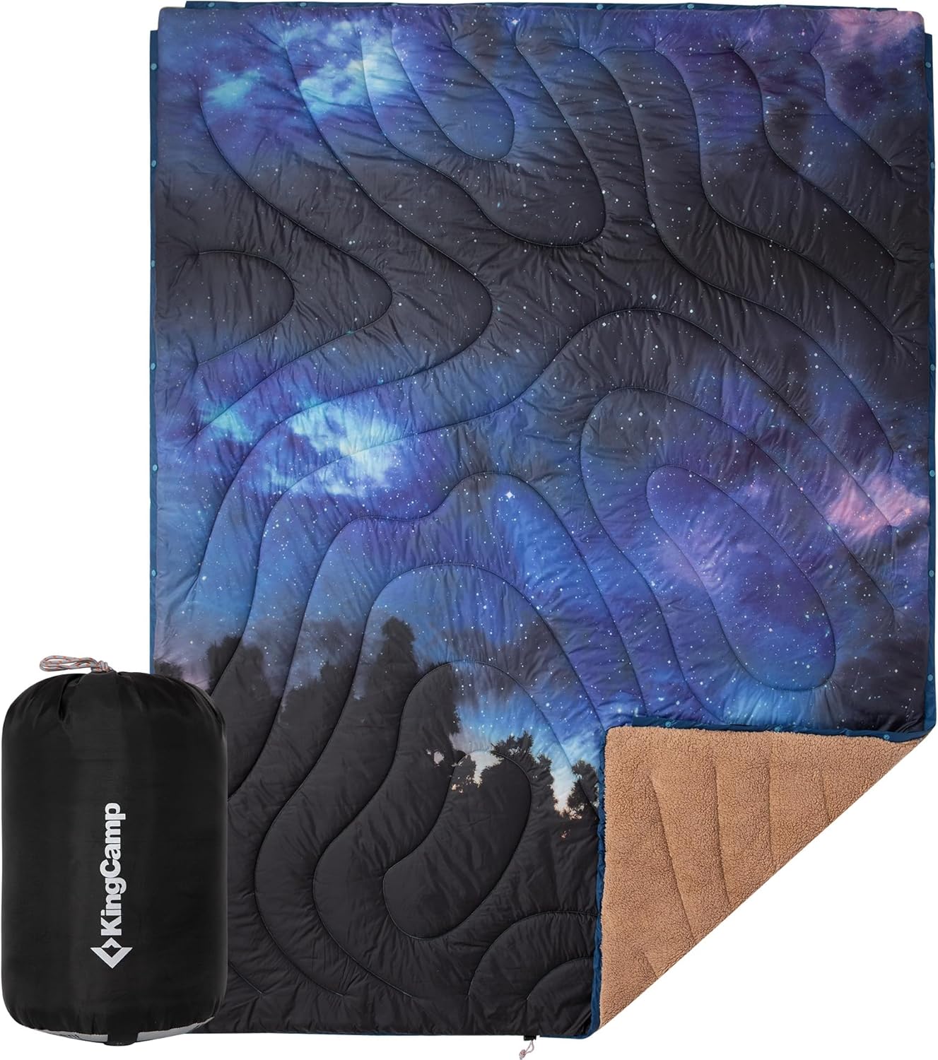 KingCamp Large Camping Blanket with Sherpa Lining, Packable Down Alternative Puffy Printed Wearable Blanket with Snap Buttons, Warm Weatherproof Quilt for Outdoor Travel (79" L x 57" W, STARRYSKY)