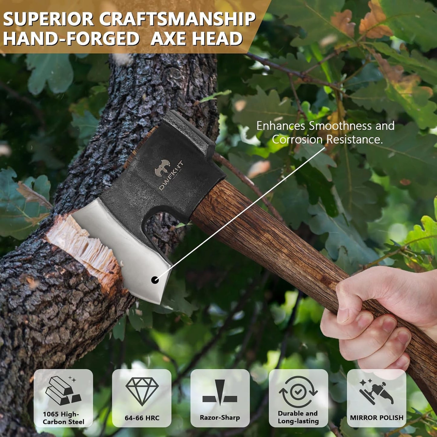 14.4" Hatchet, Camping Axe, Hand Forged Axe with Sheath, Bushcraft Hatchet with 1065 Carbon Steel and Beech Handle for Wood Chopping – Perfect for Outdoor Survival and Adventures