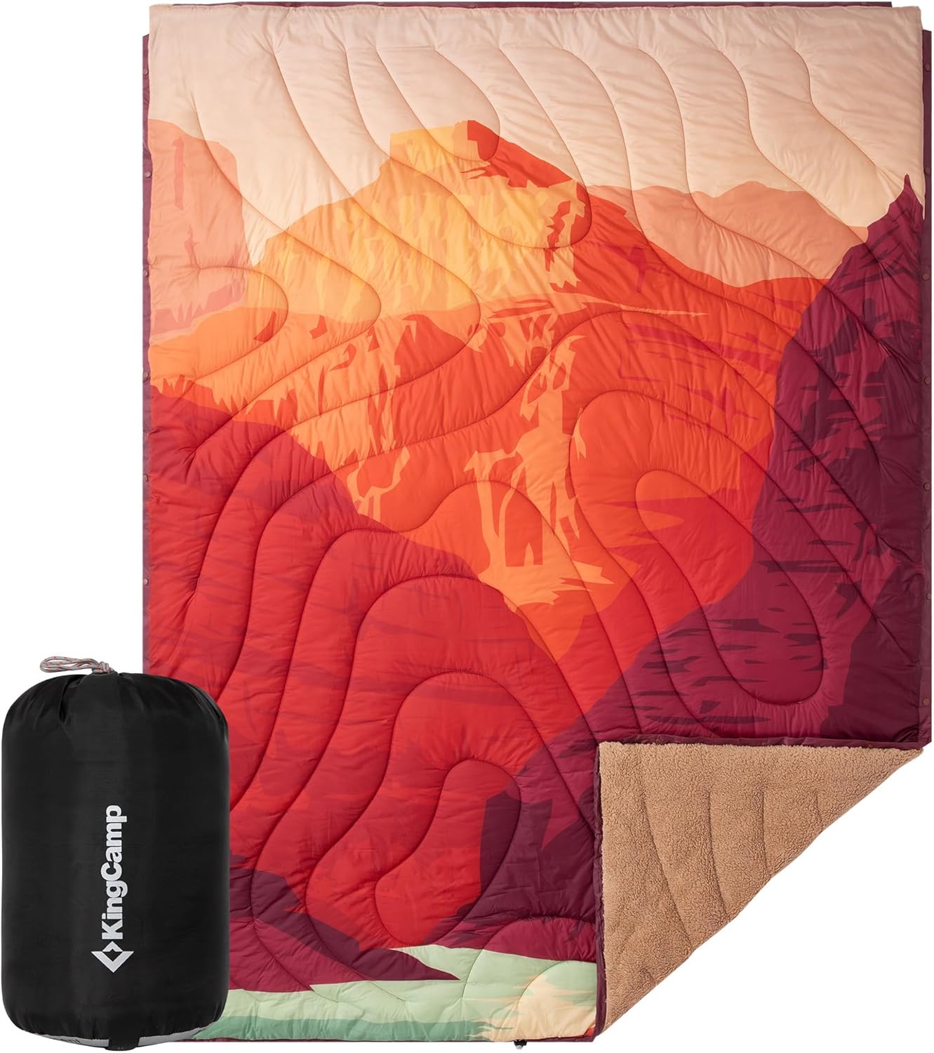 KingCamp Large Camping Blanket with Sherpa Lining, Packable Down Alternative Puffy Printed Wearable Blanket with Snap Buttons, Warm Weatherproof Quilt for Outdoor Travel (79" L x 57" W, Orange)