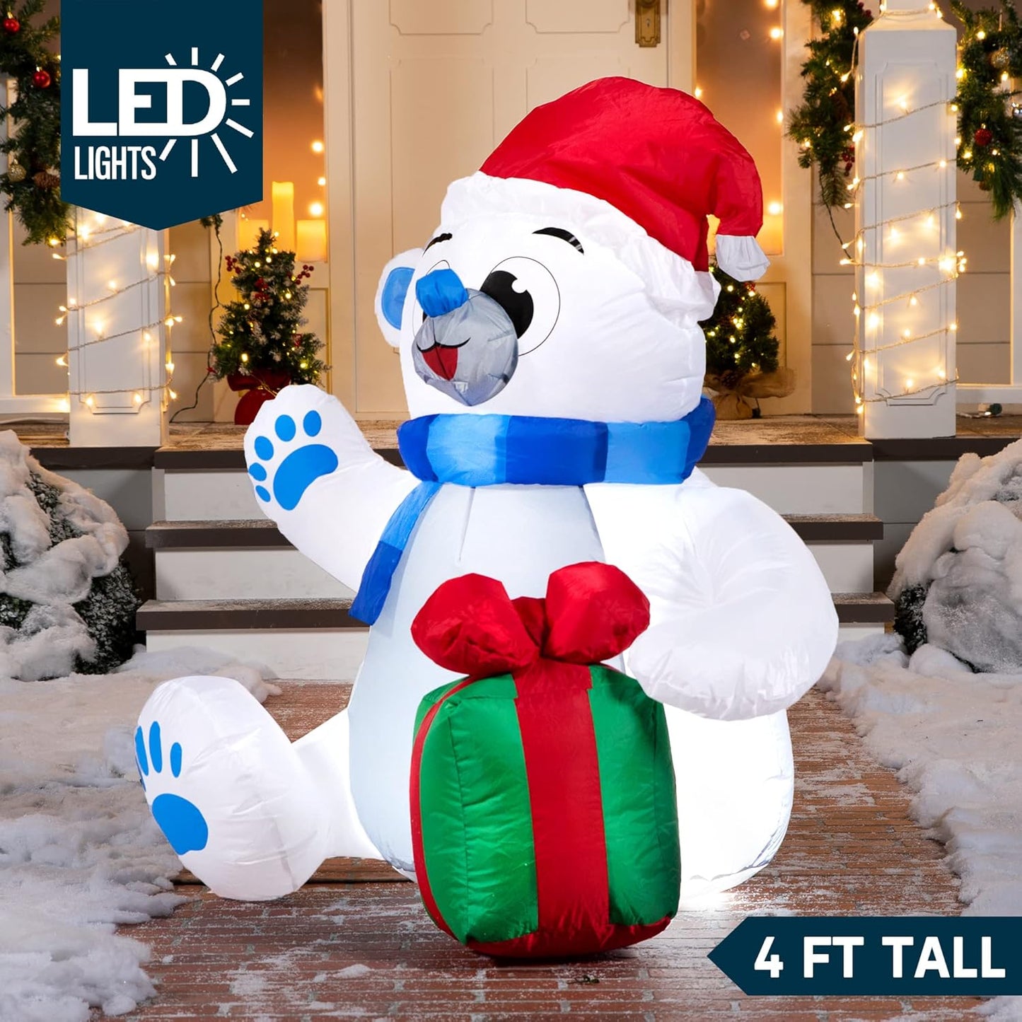 Joiedomi 4 ft Christmas Inflatable Polar Bear with Gift Decoration, Blow Up Polar Bear with Build-in LEDs for Xmas Yard Decoration Holiday Indoor Outdoor Garden Lawn Party Favor Holiday Supplies Décor