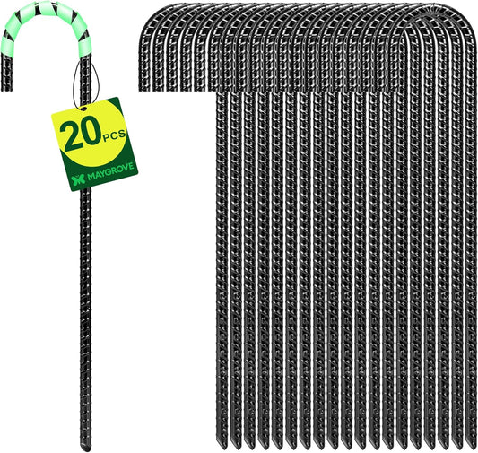 12 Inch Rebar Stakes Heavy Duty 20 Pack, J Hook Ground Stakes, Galvanized Steel Trampoline Stakes, Tent Anchor Kit Anti-Rust, Drip Hose Wind Stakes, Black