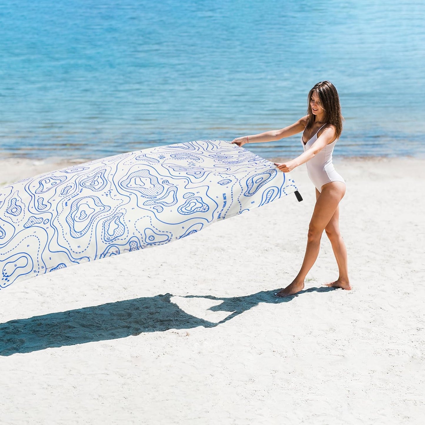 110''×118'' Oversized Beach Blanket for 4-8 Adults, White Waterproof Sandproof Picnic Blanket, Lightweight Foldable Sand Free Outdoor Mat w/ 4 Stakes & Portable Carry Bag for Travel, Camping, Hiking