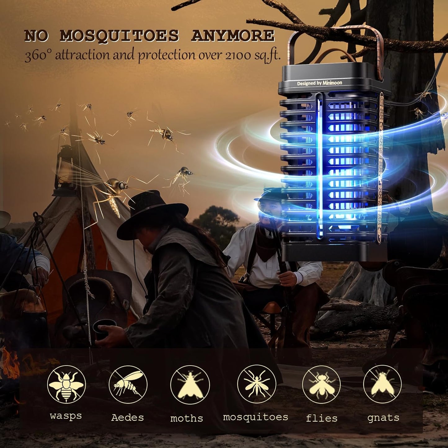 Minimoon Bug Zapper Outdoor, 15W Mosquito Zapper 4200V Electric Fly Trap, Western Theme, Easy to Clean, IPX4 Waterproof, 5.9 Ft Cord, Fly Zapper for Backyard, Patio, Camping, Indoor