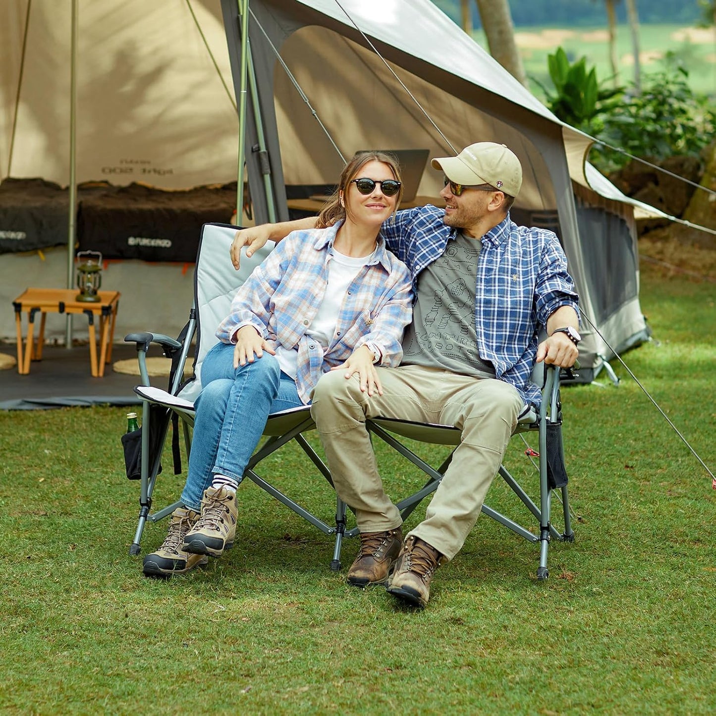 KingCamp Double Camping Chair for Adults, Oversized 2-Person Portable Folding Chair 600 lbs Heavy Duty Outdoor Loveseat with Armrest Cup Holders, Padded Seat and Back for Camping Picnic Patio