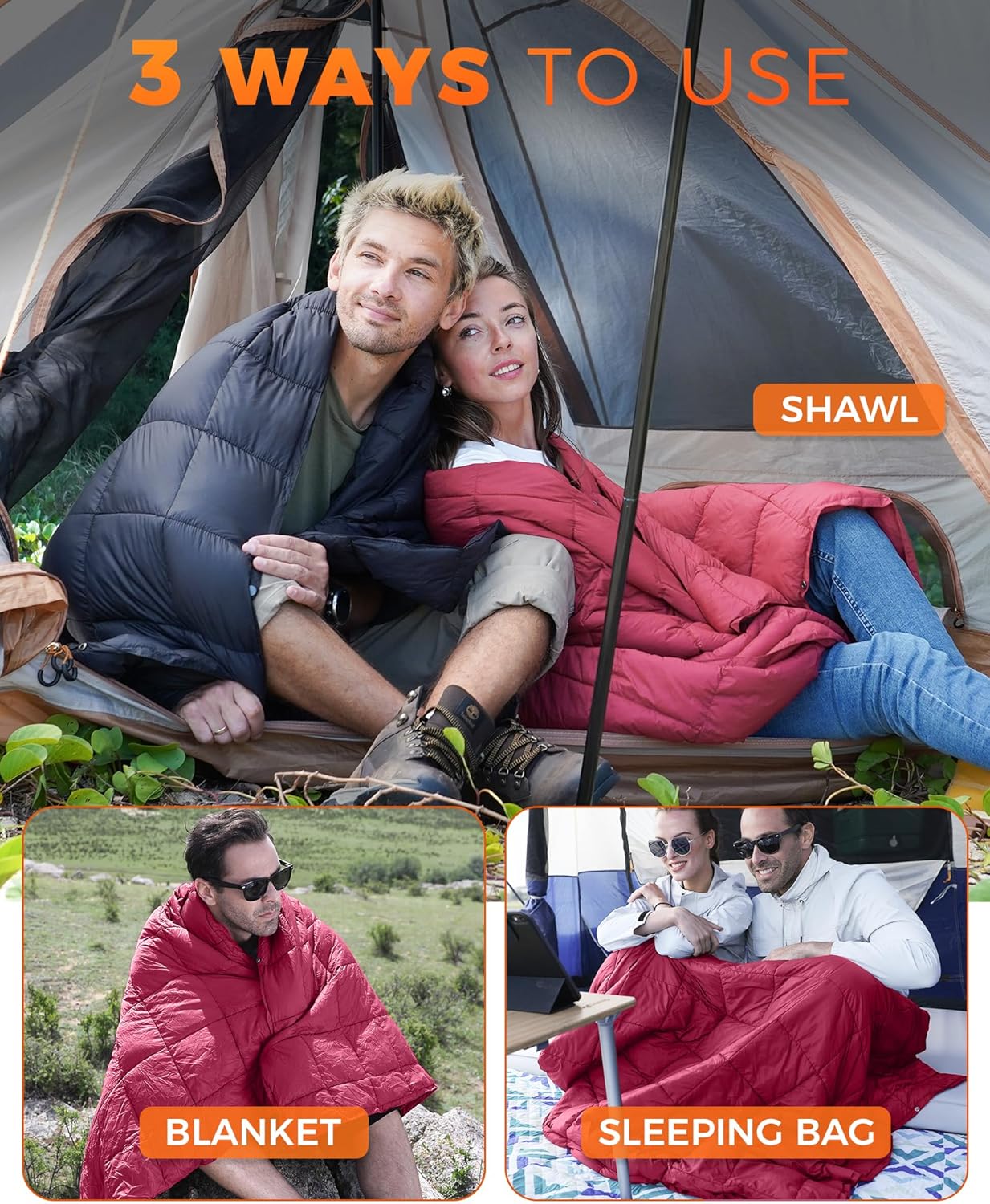 KingCamp Ultralight Camping Blanket, Packable Down Alternative Puffy Wearable Blankets Weatherproof Warm Package Quilt with Snap Buttons for Outdoor Hiking Travel Picnic Stadium (79" L x 53" W, Wine)