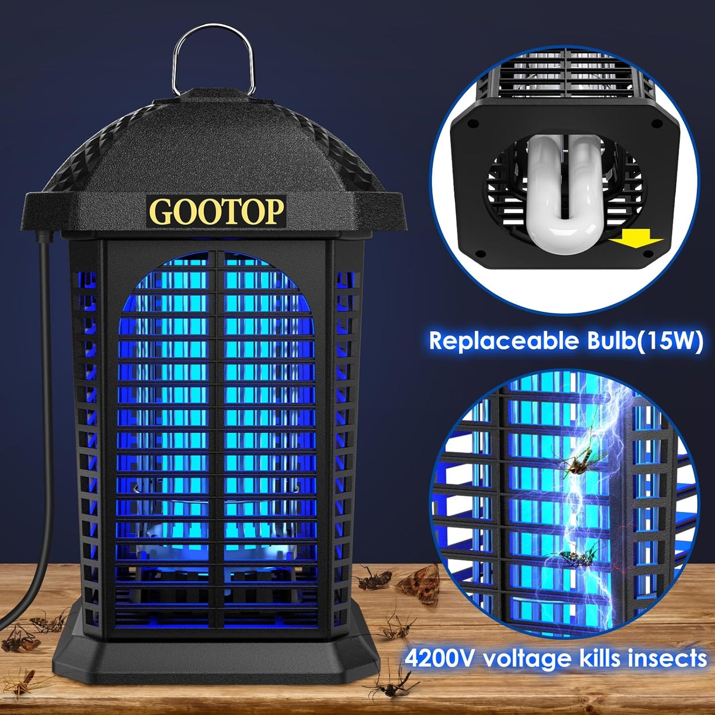Bug Zapper Outdoor, 4200V Electric Mosquito Zapper, Bug Zapper Outdoor, Fly Traps, Fly Zapper, Mosquito Killer Indoor 3 Prong Plug, 90-130V, ABS Plastic Outer