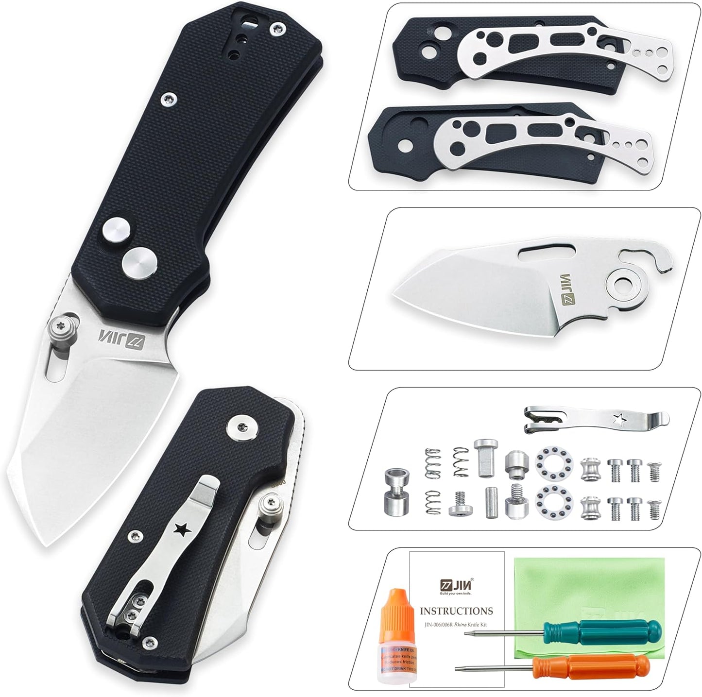 JIN Rhino Small Pocket Knife for Men, Button Lock EDC, DIY Folding Knife Kit, 2" 9Cr18Mov Satin Blade, Black G10 Handle, Birthday Gift for Men Women, Camping Knives