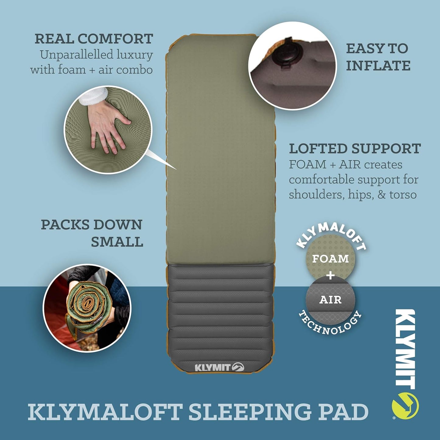 Klymit Klymaloft Lofted Inflatable Sleeping Pad for Camping With Memory Foam, Ultra-Thick Hiking and Backpacking Air Bed, 5 Inch Thick, Regular