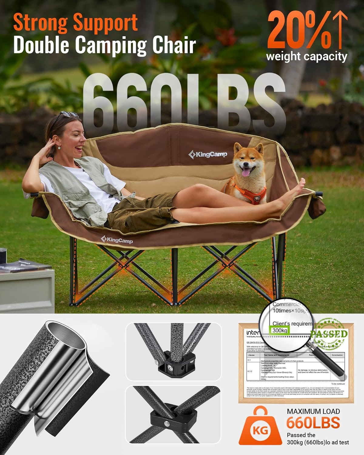 KingCamp Double Camping Chair, Oversized 660lbs Heavy Duty Loveseat for Adults Portable Folding XL 2 Person Couch Padded Comfortable Two Seat with Cup Holder for Outdoor Lawn Backyard, Khaki/Coffee