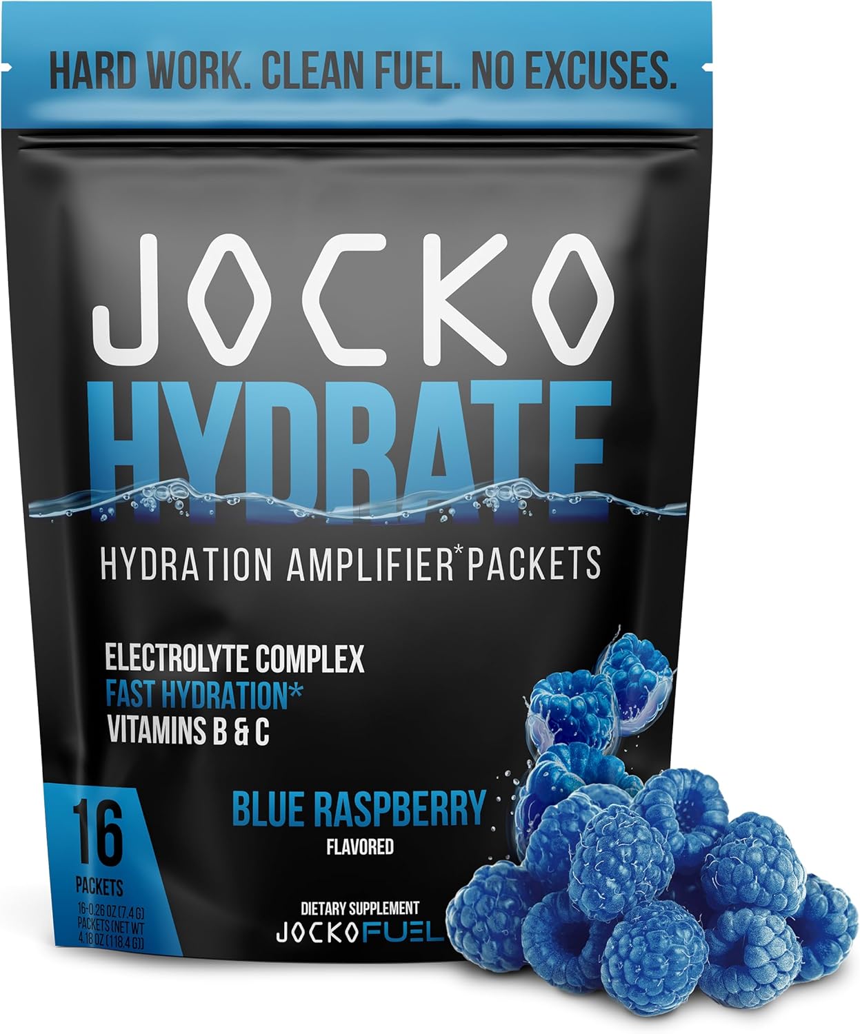 Jocko Fuel Hydrate Electrolytes Powder Packets Low Sugar - Hydration Amplifier Packets for Recovery, Dehydration, & Exercise - with Vitamins B6, B12 & C (16 Packets) Blue Raspberry