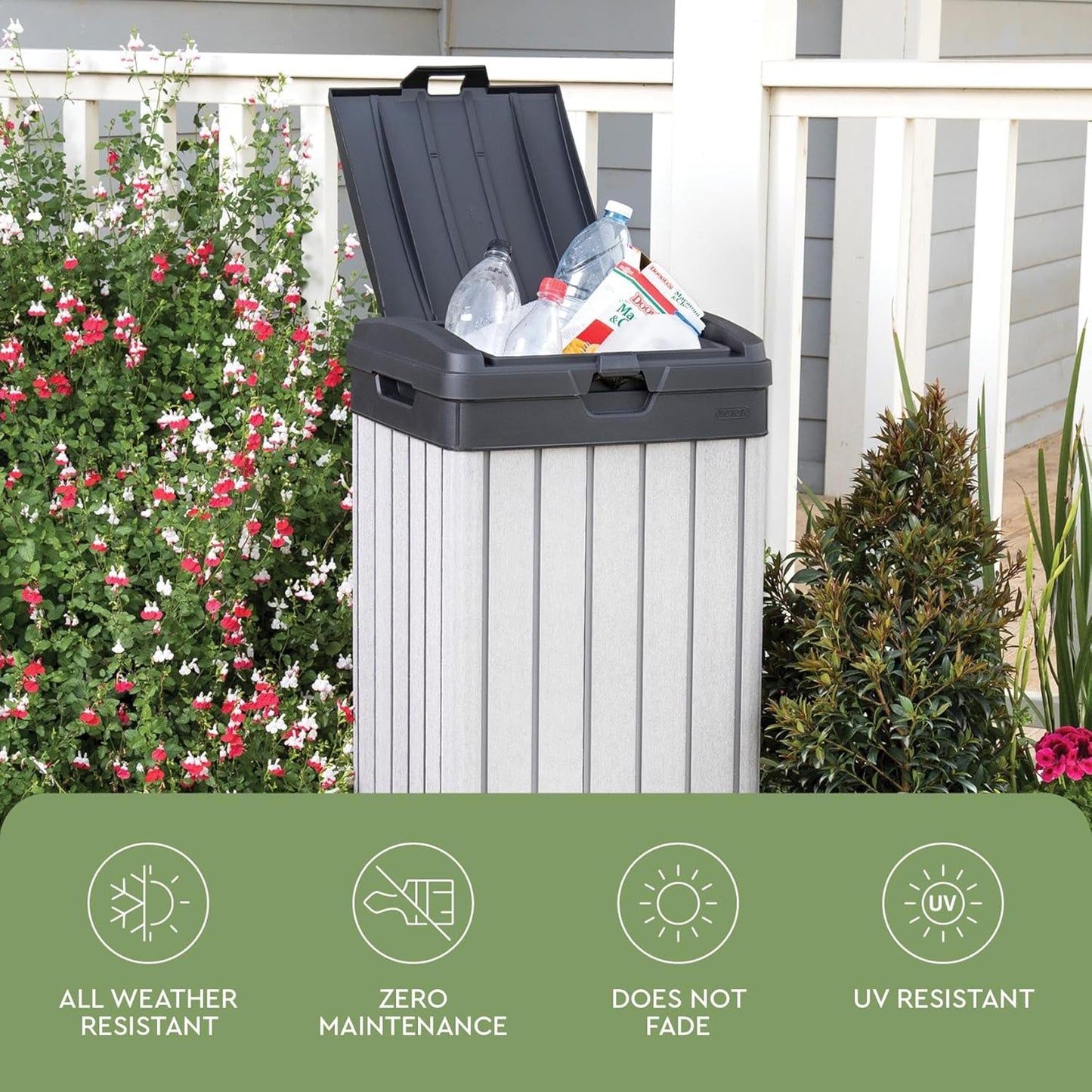 Keter Rockford Resin 38 Gallon Outdoor Kitchen Trash Can with Lid and Drip Tray for Easy Cleaning-Perfect for Patio Dining, Grey