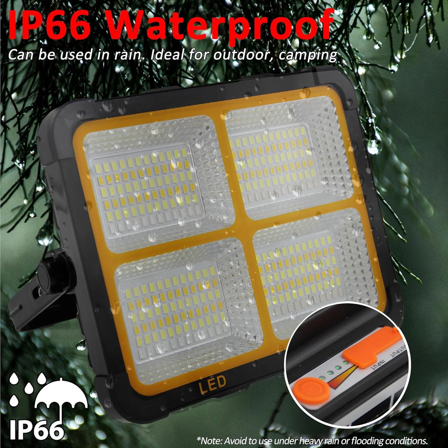 150W Portable Rechargable Dual Solar Panel LED Work Light with 5 Modes, 10000LM 21600mAh IP66 Waterproof Outdoor Flood Light