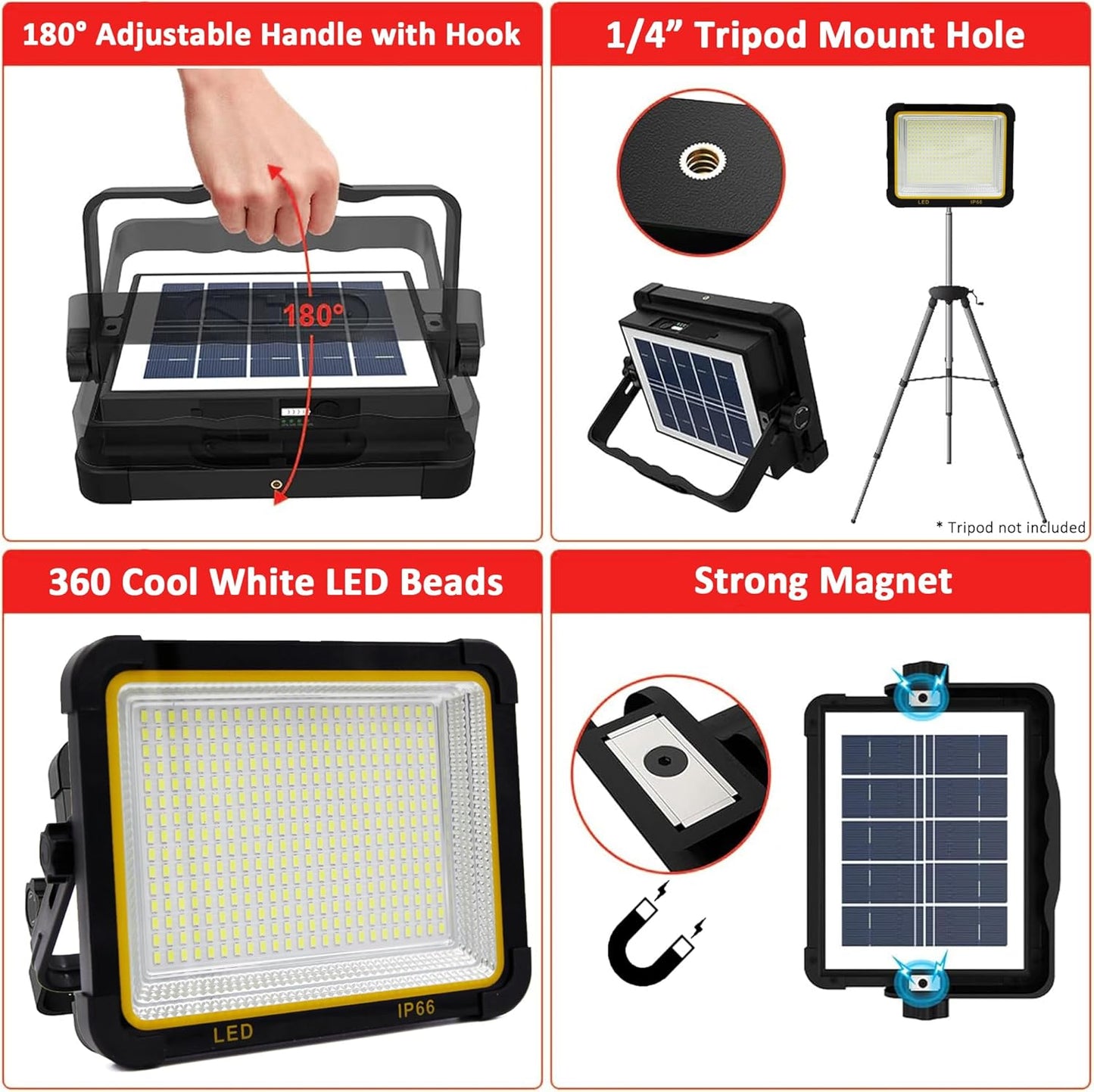 100W Portable Rechargable Solar Panel LED Work Light with 3 Brightness Level, 10000LM 8400mAh IP66 Waterproof Outdoor Flood Light