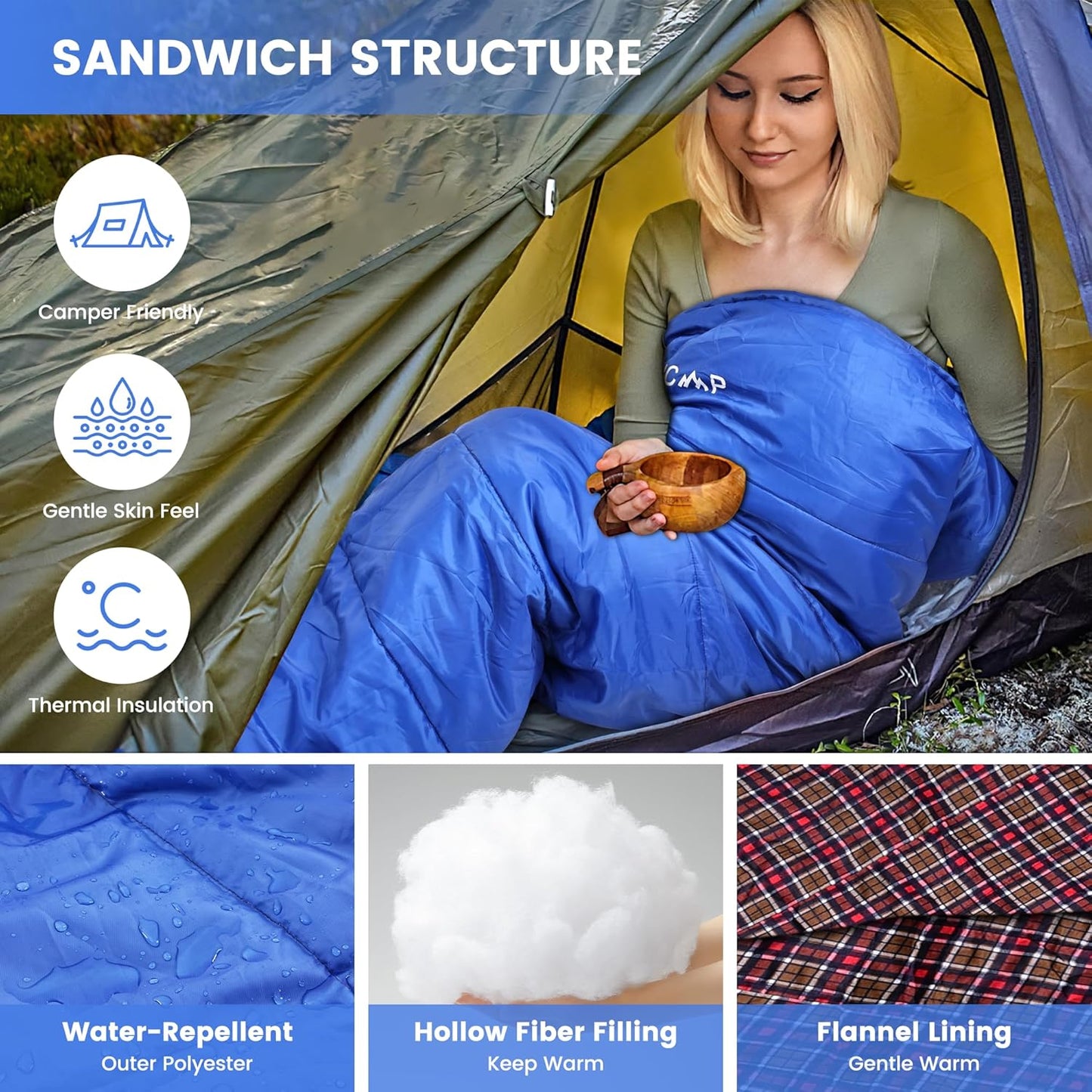 0 Degree Sleeping Bag for Cold Weather,100% Cotton Flannel XXL for Adults Big and Tall Cold Weather Winter Zero Degree Camping,Free Compression Sack
