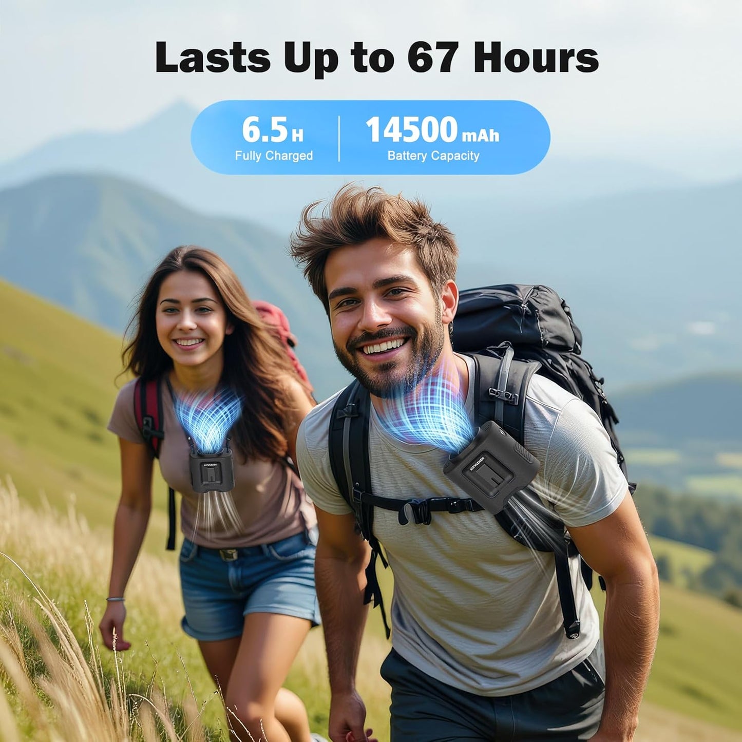 KITWLEMEN 14500mAh Portable Waist Fan - Personal Clip on Belt Fan, 5 Speed 67H Cooling, Rechargeable Battery Operated, Wearable with Lanyard & Light for Camping, Travel, Jobsite (Black)