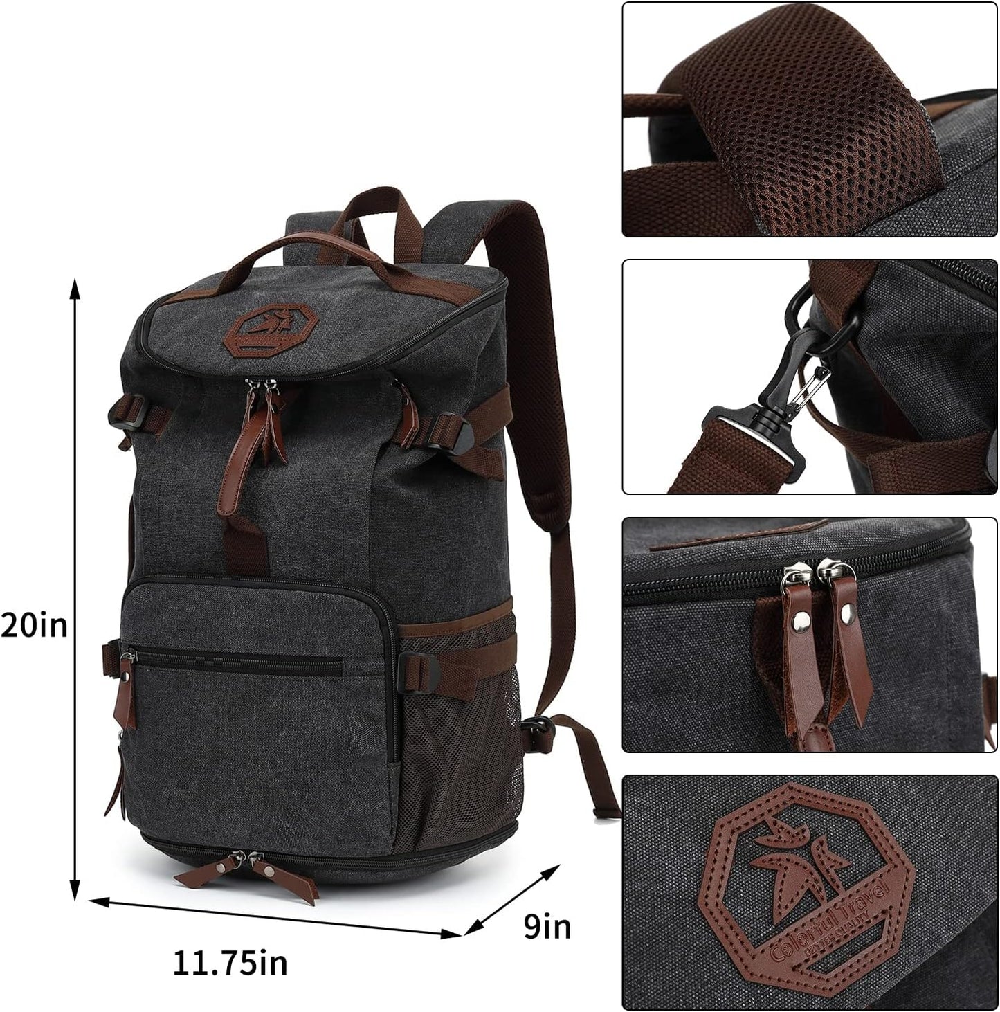 Kalesi Gym Duffle Bag Backpack 4-Way Vintage canvas with Shoes Compartment for travel Sport Hiking laptop (Vintage black)