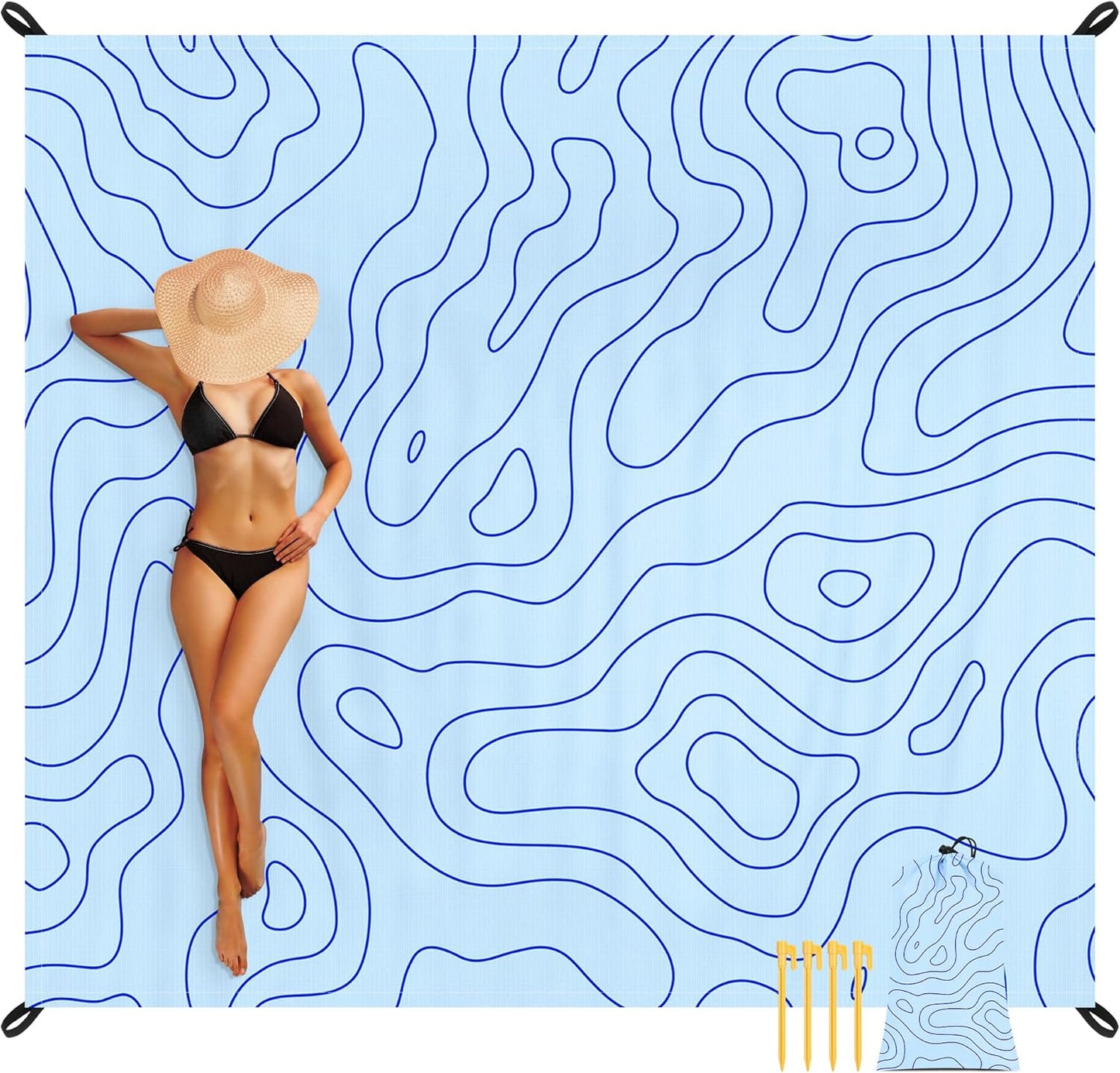 110''×118'' Beach Blanket for 2-8 Adults, Polyester Waterproof Sandproof Beach Mat with 4 Stakes & Storage Bag, Oversized Compact Foldable Blue Outdoor Pocket Blanket for Picnic, Travel, Camping