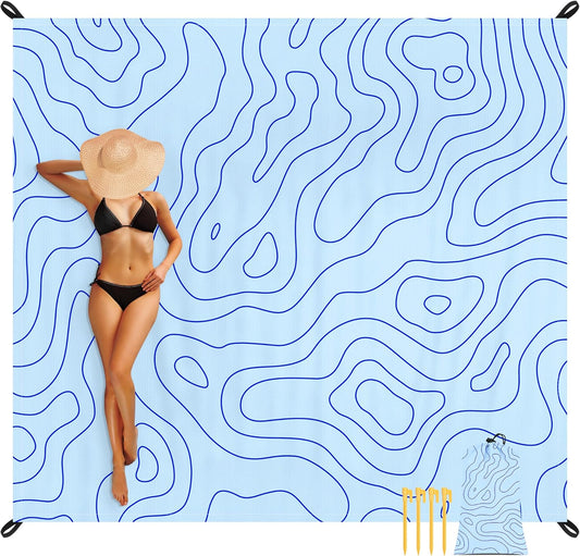 110''×118'' Beach Blanket for 2-8 Adults, Polyester Waterproof Sandproof Beach Mat with 4 Stakes & Storage Bag, Oversized Compact Foldable Blue Outdoor Pocket Blanket for Picnic, Travel, Camping