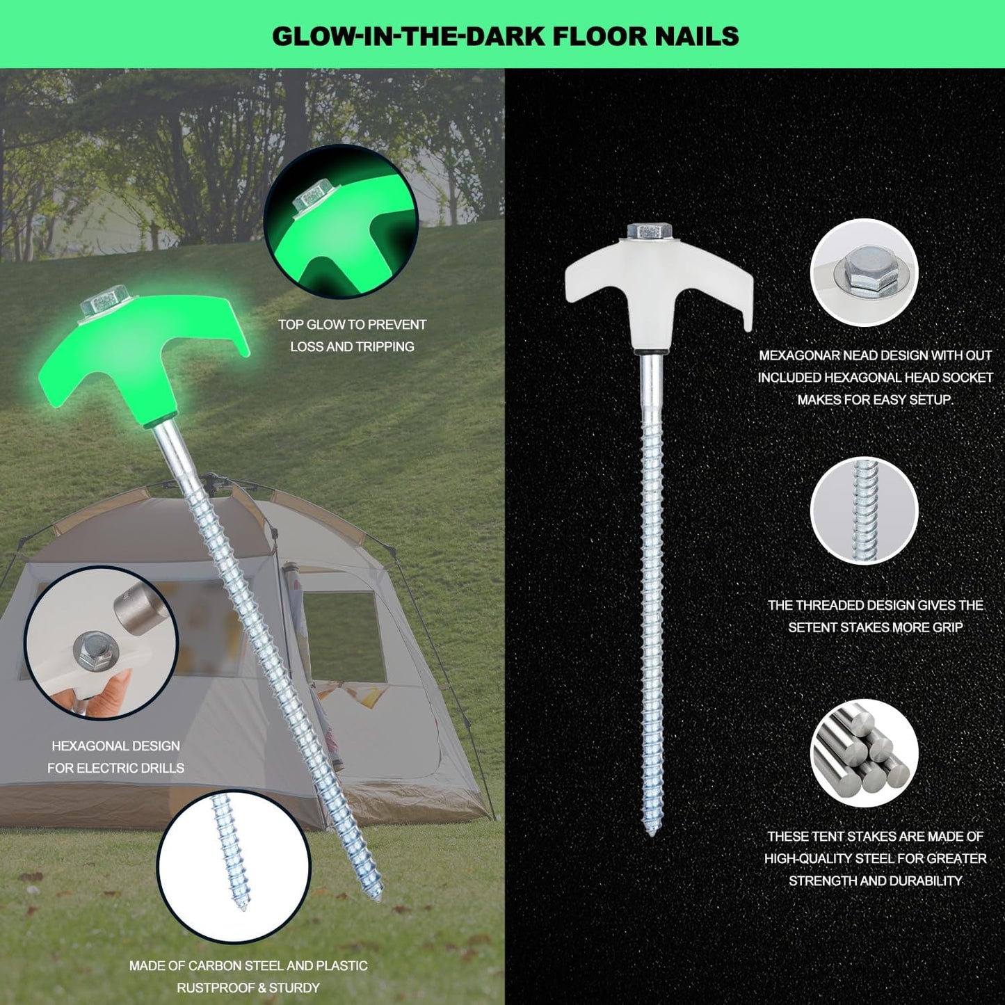 12 Pack Screw in Tent Stakes Heavy Duty,8 ’’ Ground Anchors Screw in,Metal Stakes with Hex Head Driver and Sturdy Storage Box. (12, Luminous White)