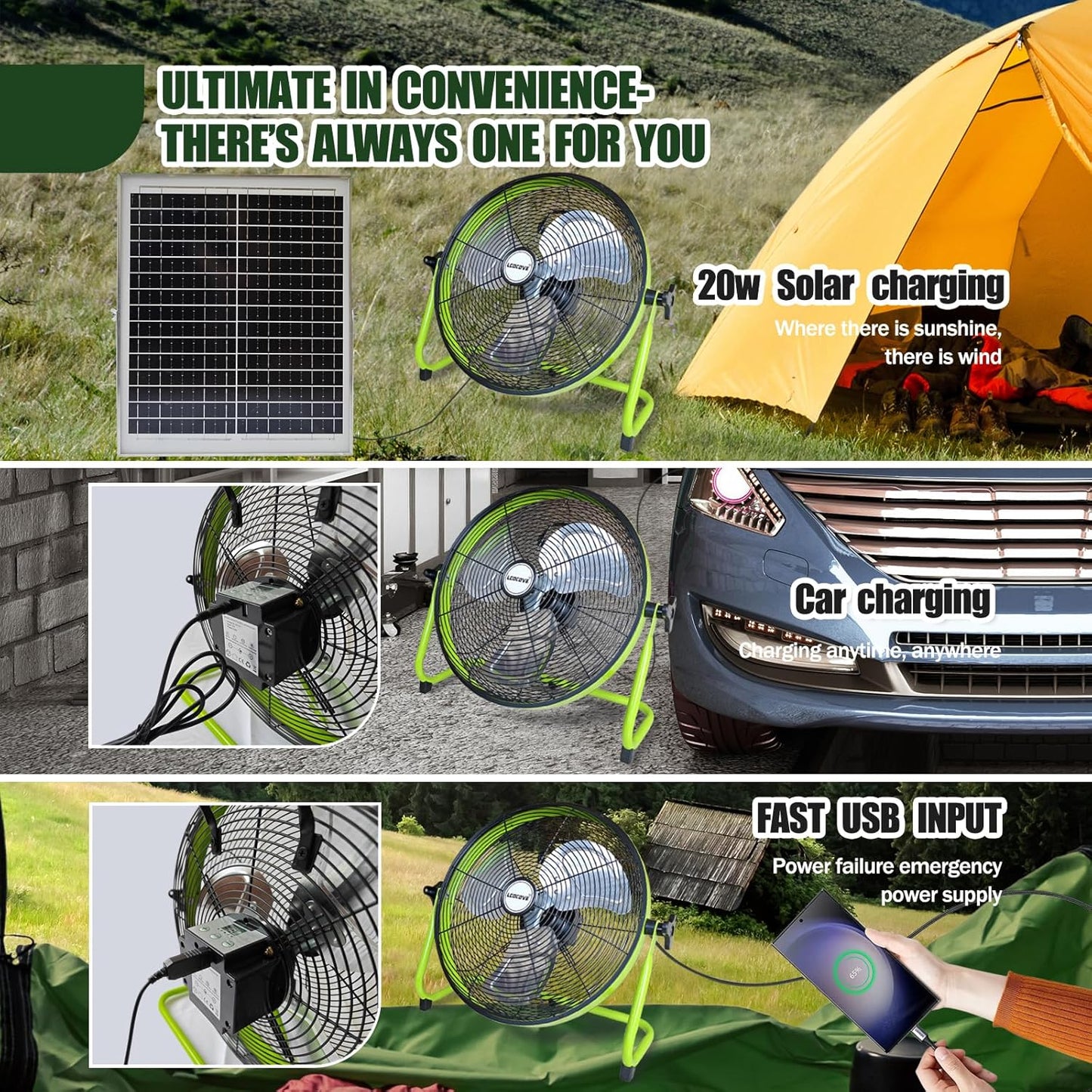 14Inch Outdoor Fan, Battery Operated Fan Can Running 3.5-24 Hours, Solar Fans For Home,Outside,Shed,Patio,Greenhouse, with USB Output For Phone