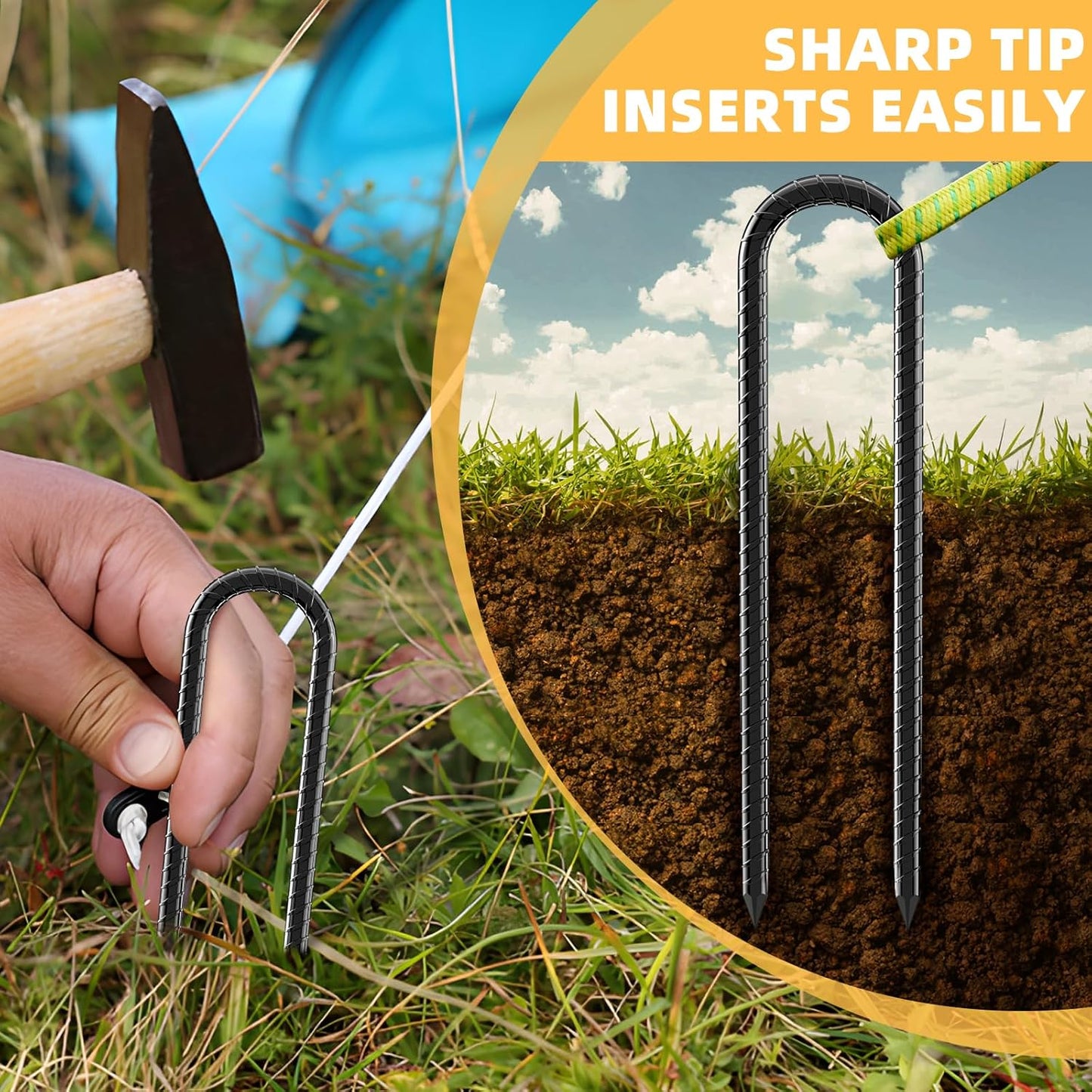 12inch Rebar Stakes, 8 Pack U Hook Ground Anchors, Heavy Duty Rust Proof Coated Steel Ground Stakes Ground Anchors, Garden Stake Metal Stake Tent Stake Trampoline Anchors Trampoline (Black)