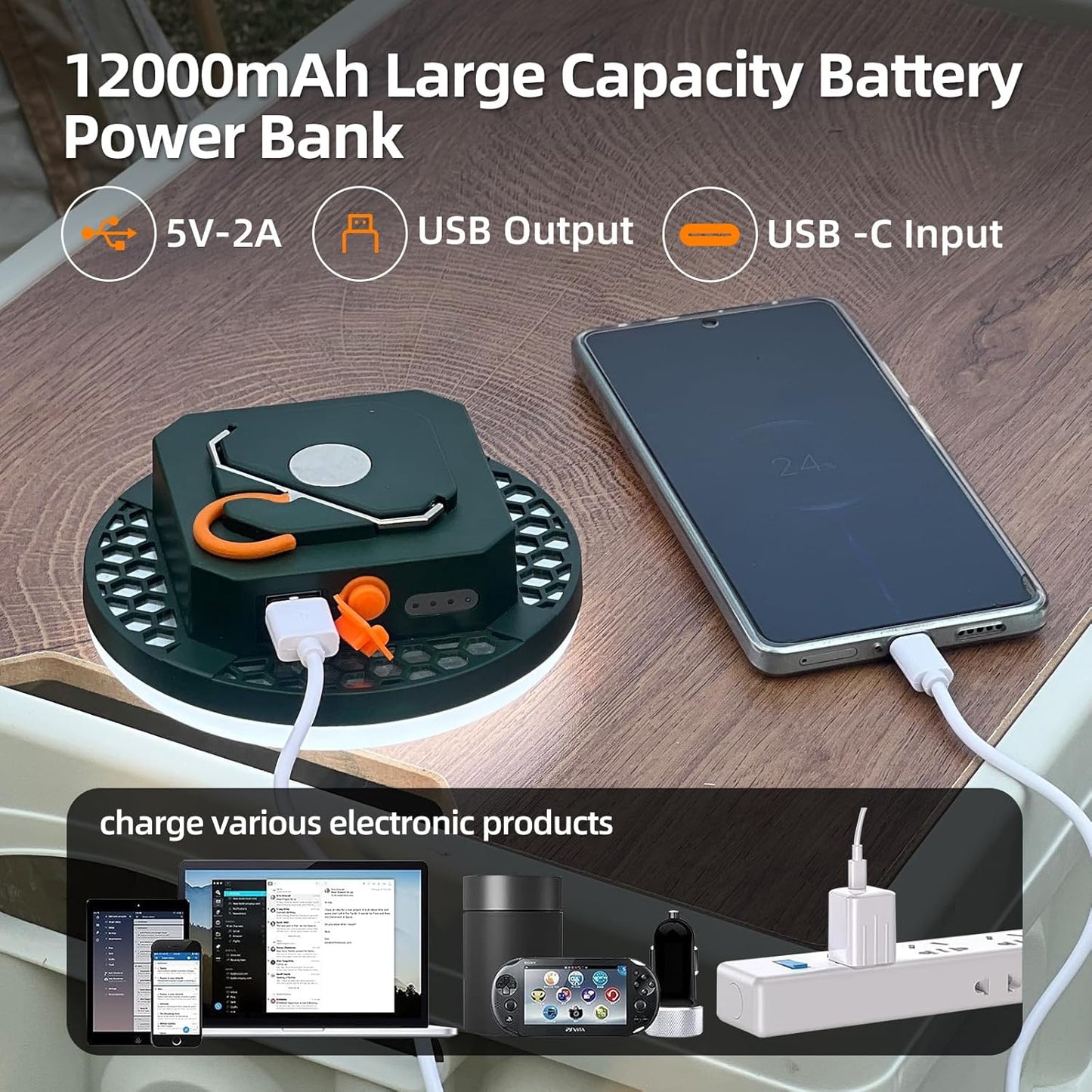 10000mAh Rechargeable Tent Light 3 Lighting Modes, 4000LM LED Portable Camping Lantern, IPX5 Waterproof, 30W Hanging Tent Light with Magnet, for Emergency & Gift