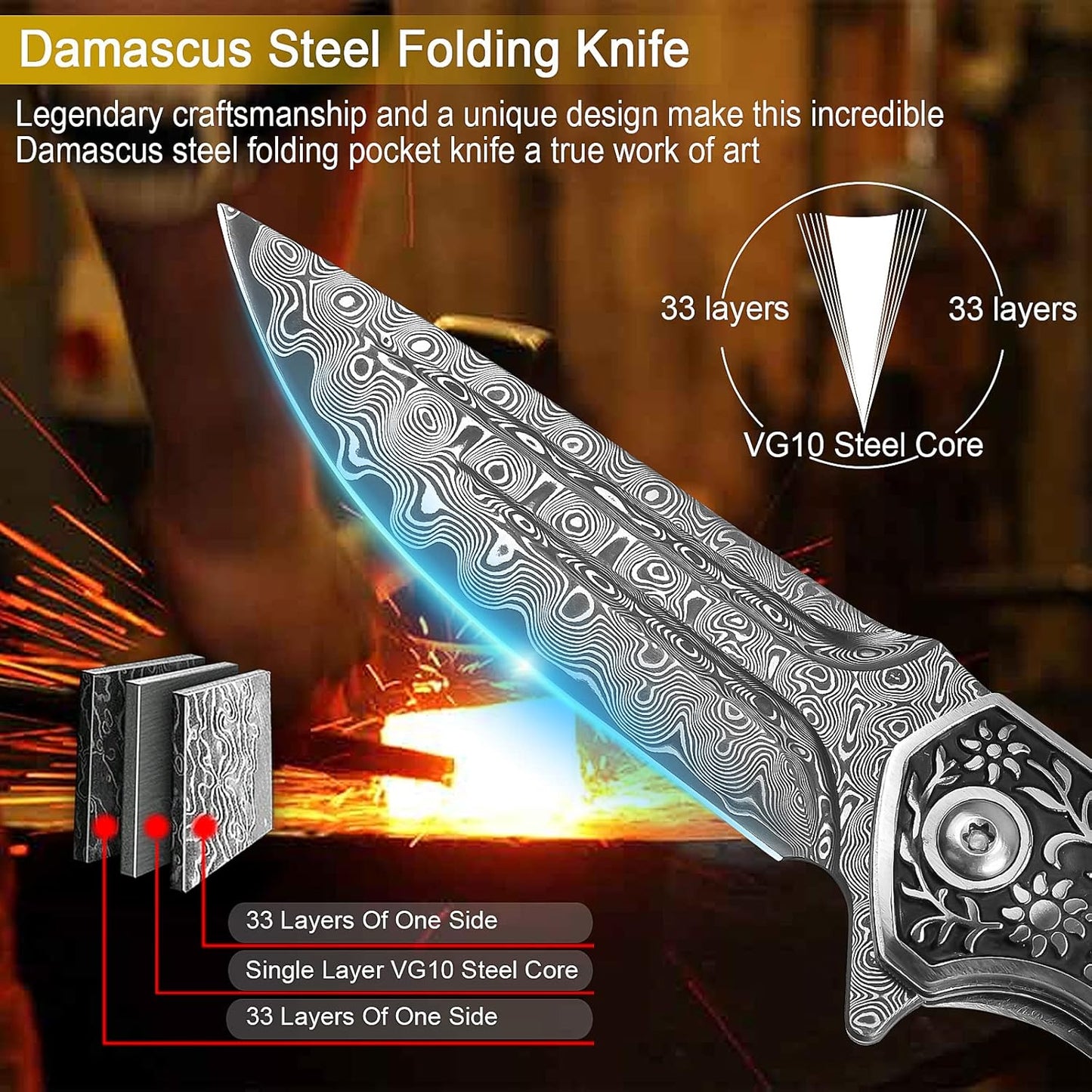 KOMWERO Damascus Pocket Knife, VG10 Damascus Steel Folding Knife with Wood Handle, Leather Sheath, Liner Lock, EDC Knife for Outdoor Survival Hunting Collection