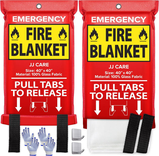 JJ CARE Fire Blanket – 2 Packs with Hooks and Gloves – Emergency Fire Blanket for Home & Kitchen, High Heat Resistant Fire Suppression Blankets for Home Safety, Kitchen, and Camping