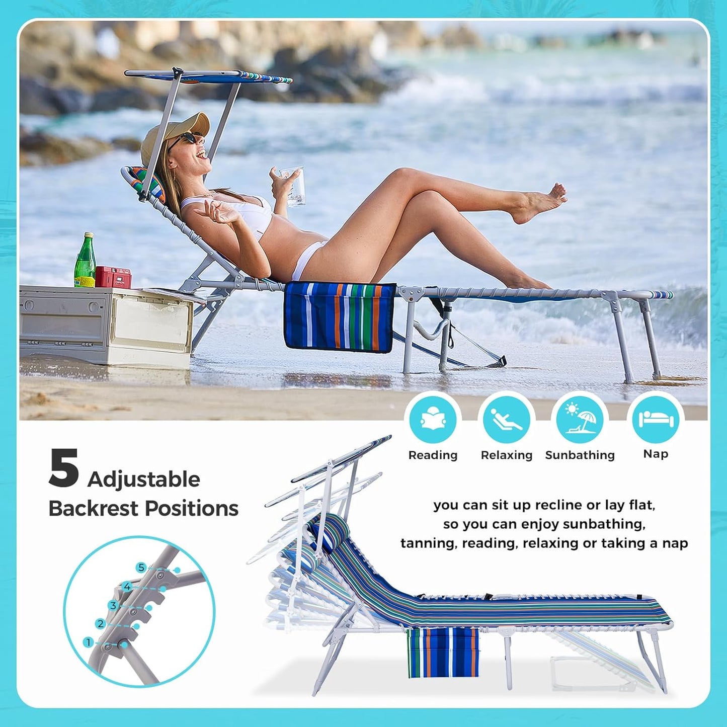 #WEJOY Folding Lounge Chair with Canopy Shade, Portable Adjustable 5-Position Patio Chaise Lounger with Pillow & Storage Pocket for Lay Flat Outdoor Lawn Backyard Beach Camping Pool Tanning