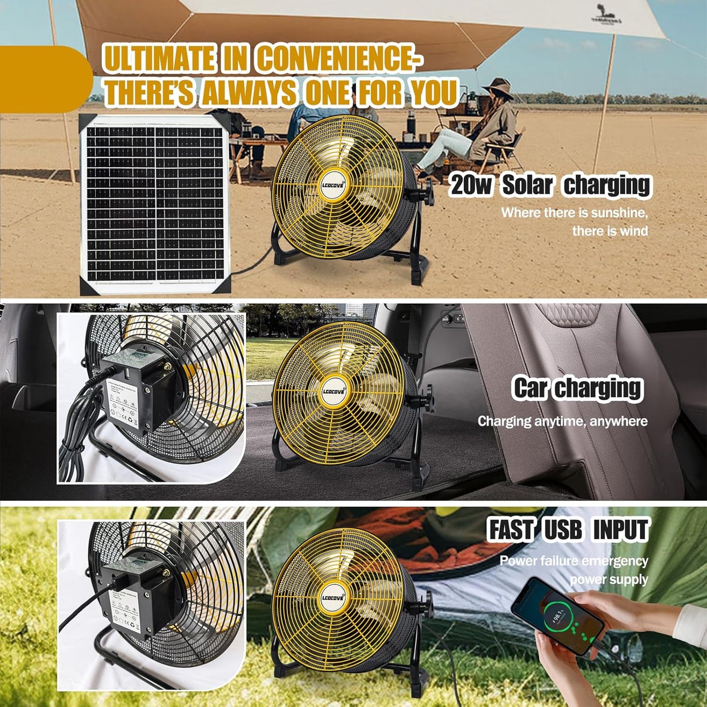 10Inch Outdoor Fan, Battery Operated Fan Can Running 3.5-24 Hours, Solar Fans For Home,Outside,Shed,Patio,Greenhouse, with USB Output For Emergency Situation Without Electric