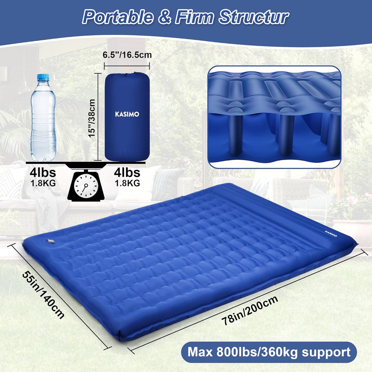 KASIMO Double Sleeping Pad for Camping,5" Ultra-Thick 1.4x2M for 2 Person with Pillow Built-in Foot Pump Inflatable Sleeping Mat for Backpacking, Hiking, Traveling, Tent, Portable Camping Mat