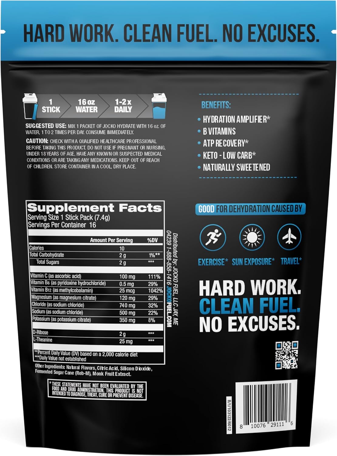 Jocko Fuel Hydrate Electrolytes Powder Packets Low Sugar - Hydration Amplifier Packets for Recovery, Dehydration, & Exercise - with Vitamins B6, B12 & C (16 Packets) Blue Raspberry