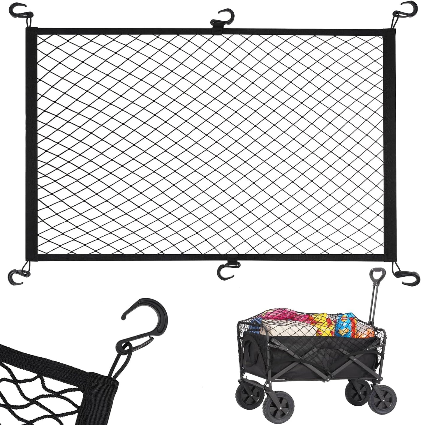 Kaskawise Small Cargo Net for Collapsible Foldable Wagon, Beach Cart, Garden Cart Cover Net - Elastic Mesh Heavy Duty Nylon Net with 6 Hooks - Outdoor Wagon Accessories (35.5"×23.6", Black)