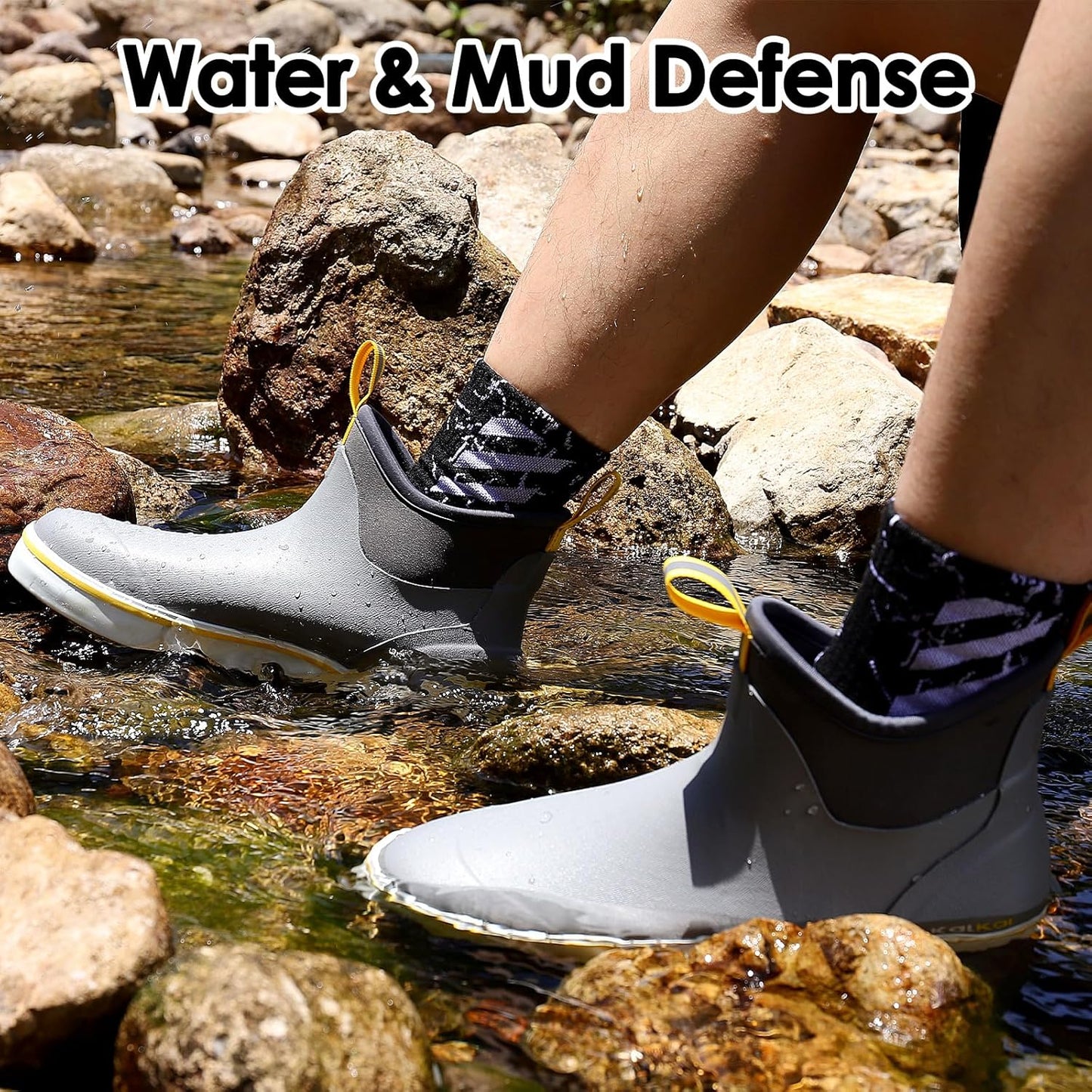Kalkal Men's Deck Boots, Waterproof Fishing Rain Boots with High Traction, Men's Rubber Boots For Gardening Fishing Boating Camping Sailing