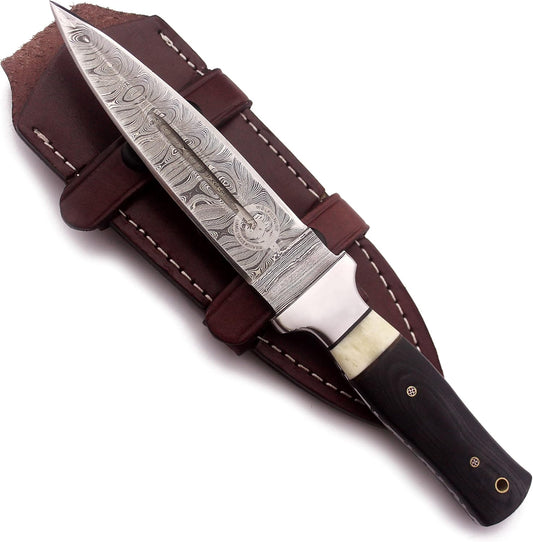 11" Handmade Damascus Steel Fixed Blade Knife – Ultimate Spear Point Dagger for Hunting, Survival, Camping, Hiking and Fishing – Full Tang Micarta Handle with Premium Cowhide Leather Sheath (DCX 22-58)