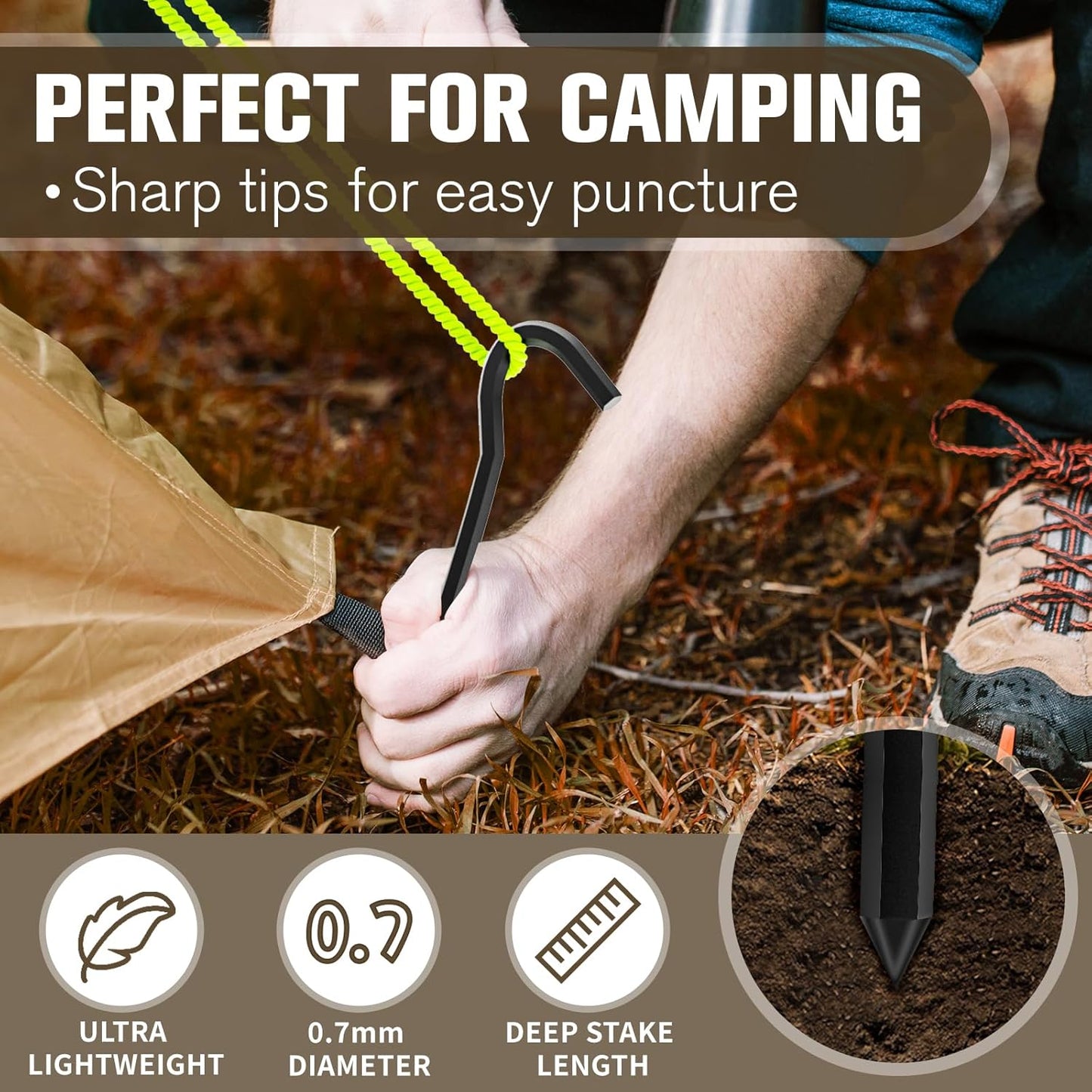 10Pcs Metal Tent Pegs with Hooks. 7 inches Durable Garden Stake Ground Anchors Awning Metal Hooks. Heavy Duty, Waterproof & rustproof, Ideal for Camping, Yard Decor, Picnic & tarp(Black)