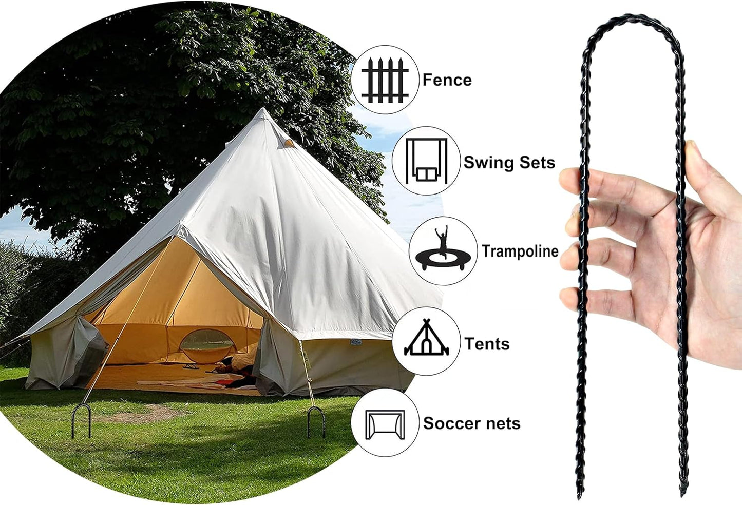 12 Inch Trampoline Wind Stakes Heavy Duty U Shaped Stakes for Ground, Trampoline Tie Down Anchor Kit for Swing Set, Camping Tents and Soccer Goal, Black Rebar Anchors (20)