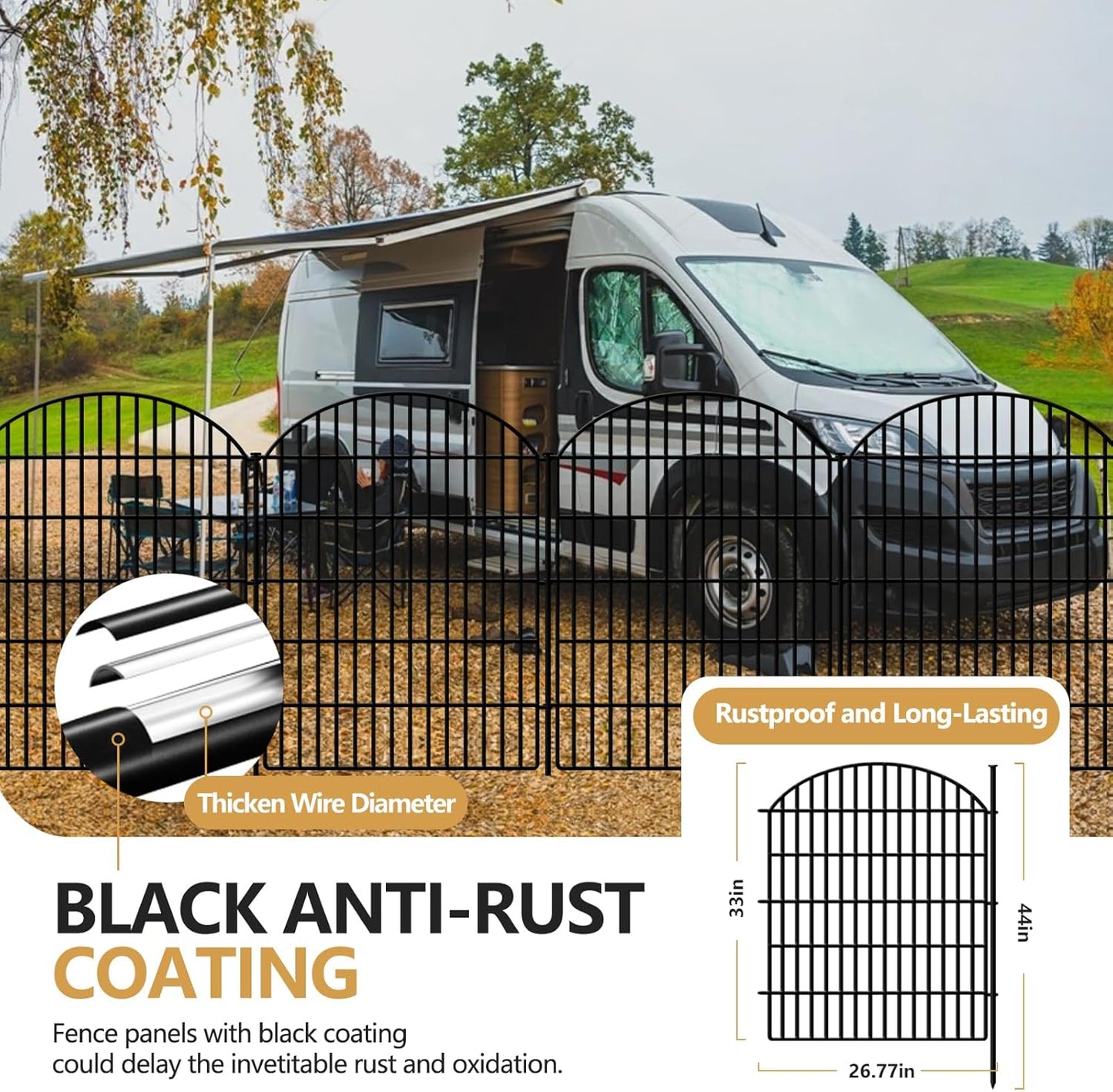 10 Panels No Dig Decorative Outdoor Garden Fence for Yard, 33in (H) x 22.31ft (L) Animal Barrier Fencing Rustproof Metal Panel Border for Dog, Rabbits Patio Camping Temporary Ground Stakes