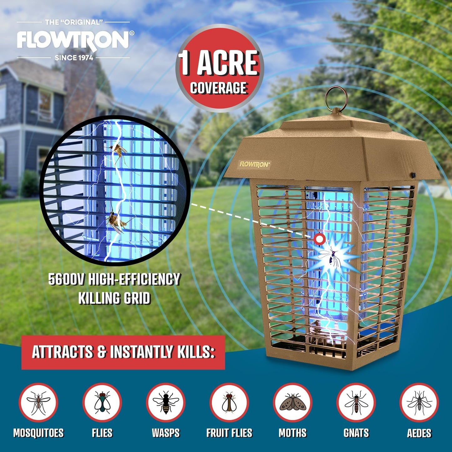 Flowtron Bug Zapper, 1 Acre of Outdoor Coverage with Powerful 40W Bulb & 5600V Instant Killing Grid, Electric Insect, Fly & Mosquito Zapper, Made in The USA - Tan Color