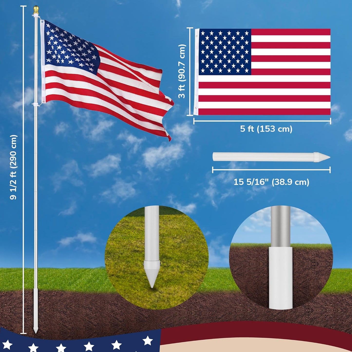 10 Ft Aluminum Outdoor Flag Pole Kit in Ground American Flag with Stake 2 Pack
