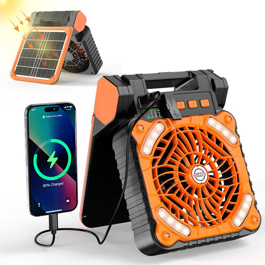 KITWLEMEN Solar Camping Fan with Lantern - Rechargeable Battery Operated Fan, 18H Run Time Max, 4 Speeds, 8H Timer, 90° Adjustable Portable Desk Fan for Hurricane, Power Outage, Outdoor Use