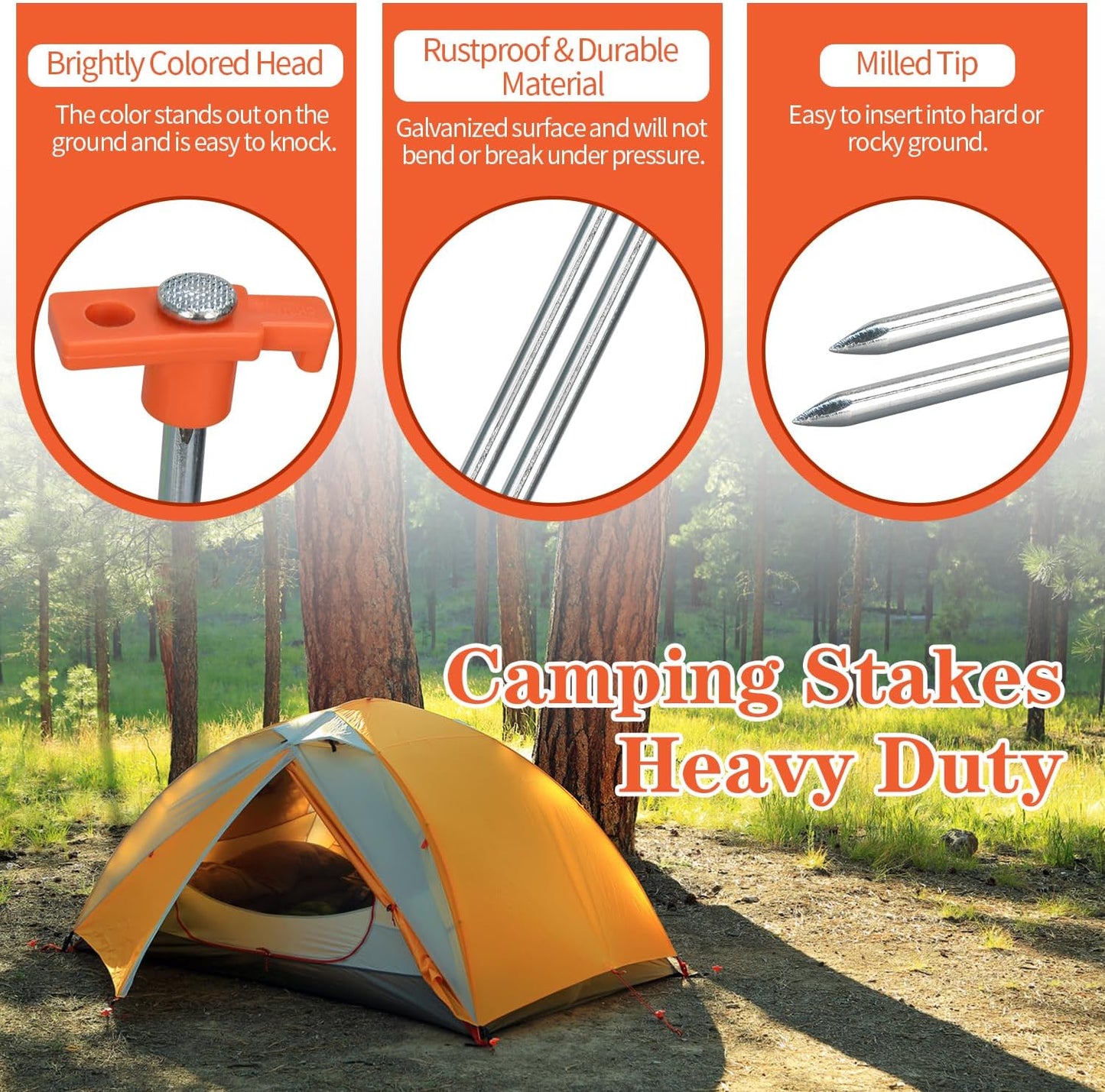 10 Pack 10in Heavy Duty Tent Stakes, Non-Rust Metal Camping Stakes, with Storage Pouch, for Tent, Tarp, Canopy, Picnic, Shade