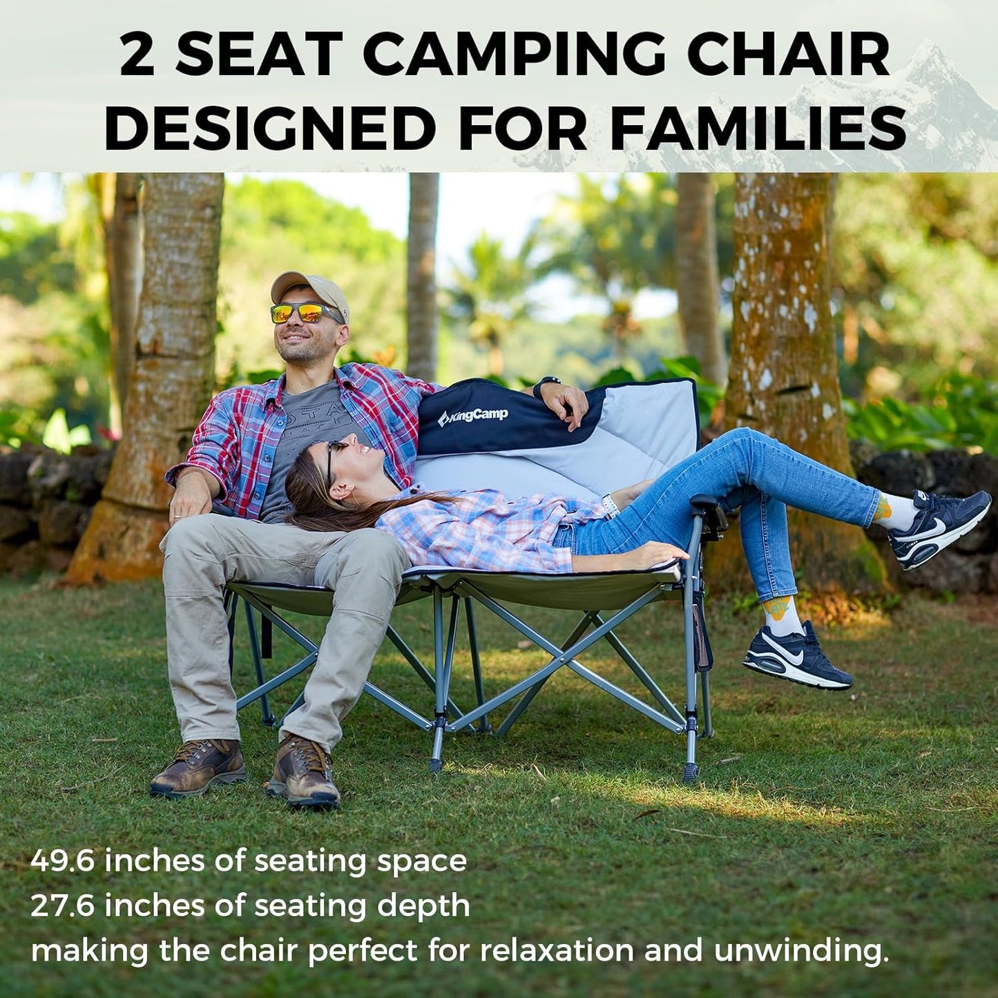 KingCamp Double Camping Chair for Adults, Oversized 2-Person Portable Folding Chair 600 lbs Heavy Duty Outdoor Loveseat with Armrest Cup Holders, Padded Seat and Back for Camping Picnic Patio