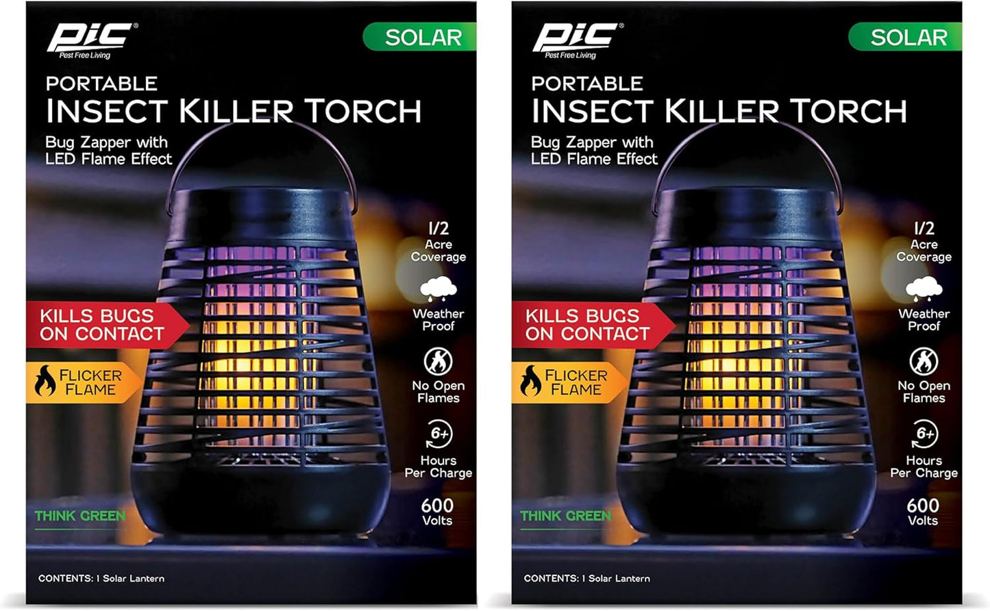 PIC Portable Solar Insect Killer Torch (FLPT), Bug Zapper and Flame Accent Light, Kills Bugs on Contact - Twin Pack